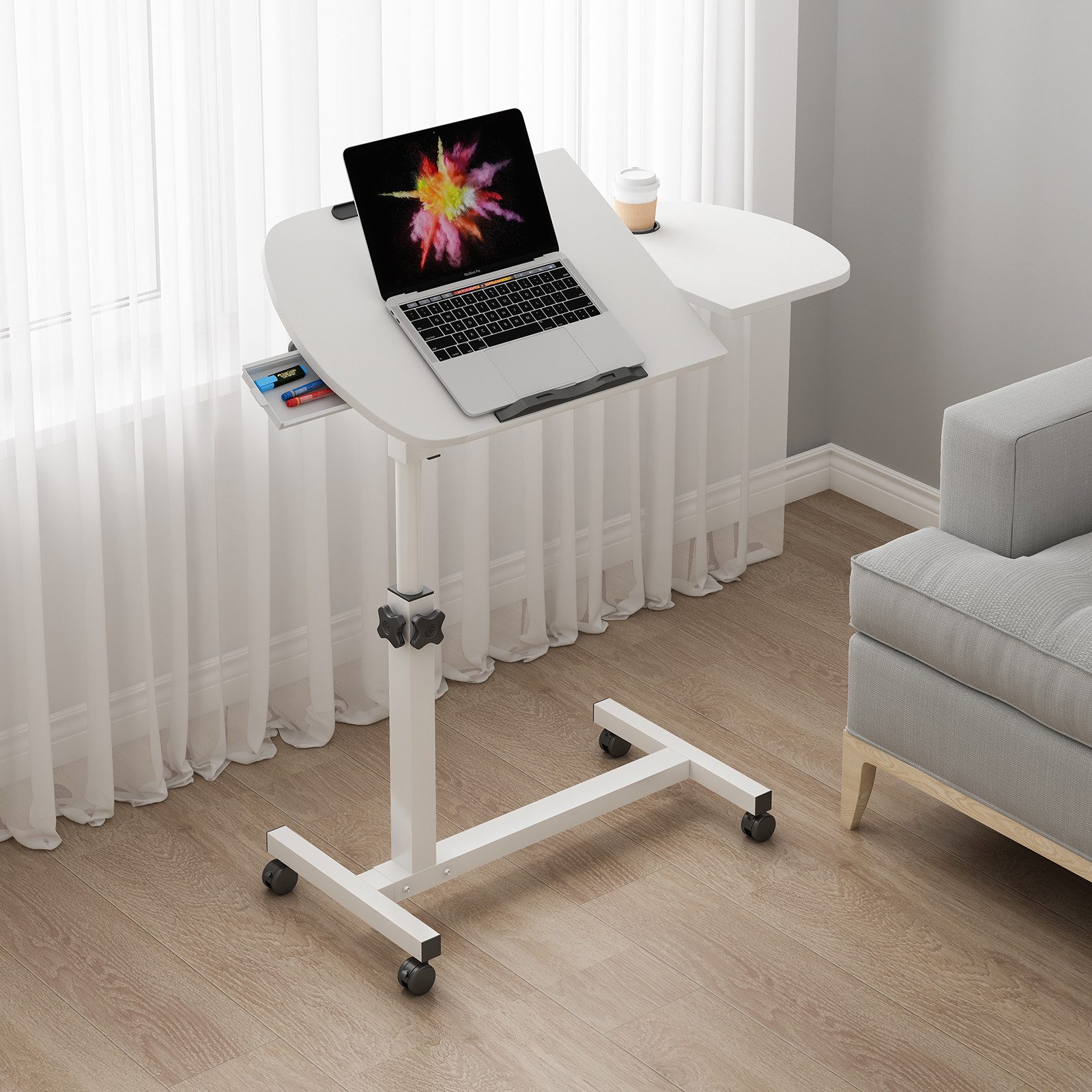 JEOBEST Computertisch Laptoptisch auf Rollen, Beistelltisch Höhenverstellbar(59-89cm) Stahl, (Holz Tischplatte Neigbar, Drehbar) Mit 2 Stopp-Leisten