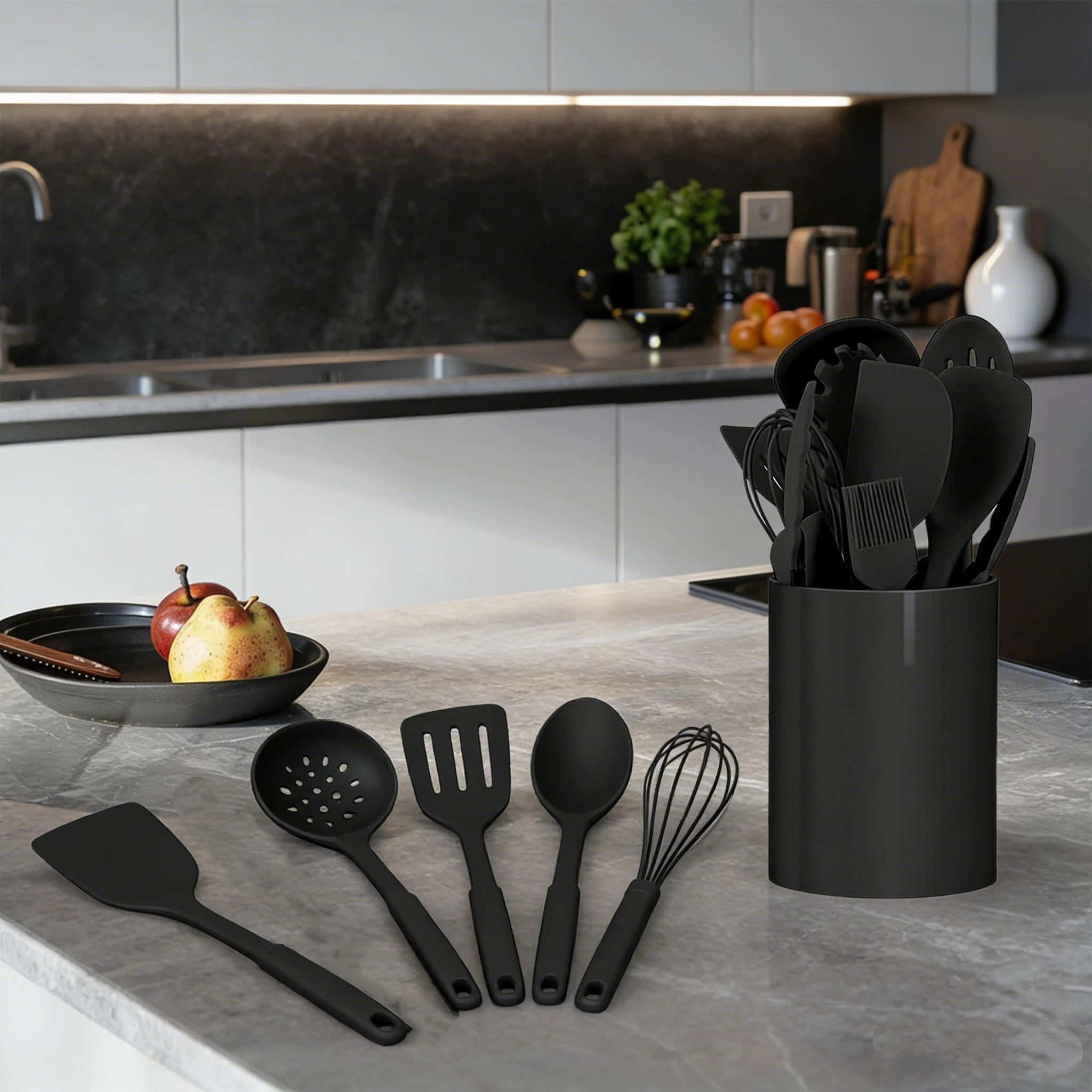 OKWISH Kochbesteck-Set 12er Küchenhelfer Set Kochgeschirr Küchenutensilien (Gesund Silikon Kochset Antihaft Hitzebeständig mit Utensilienhalter, 12-tlg., Silikon, einteilig, Kochutensilien, Silikonspatel, Utensilien-Set), Kochzubehör für kochen und backen usw