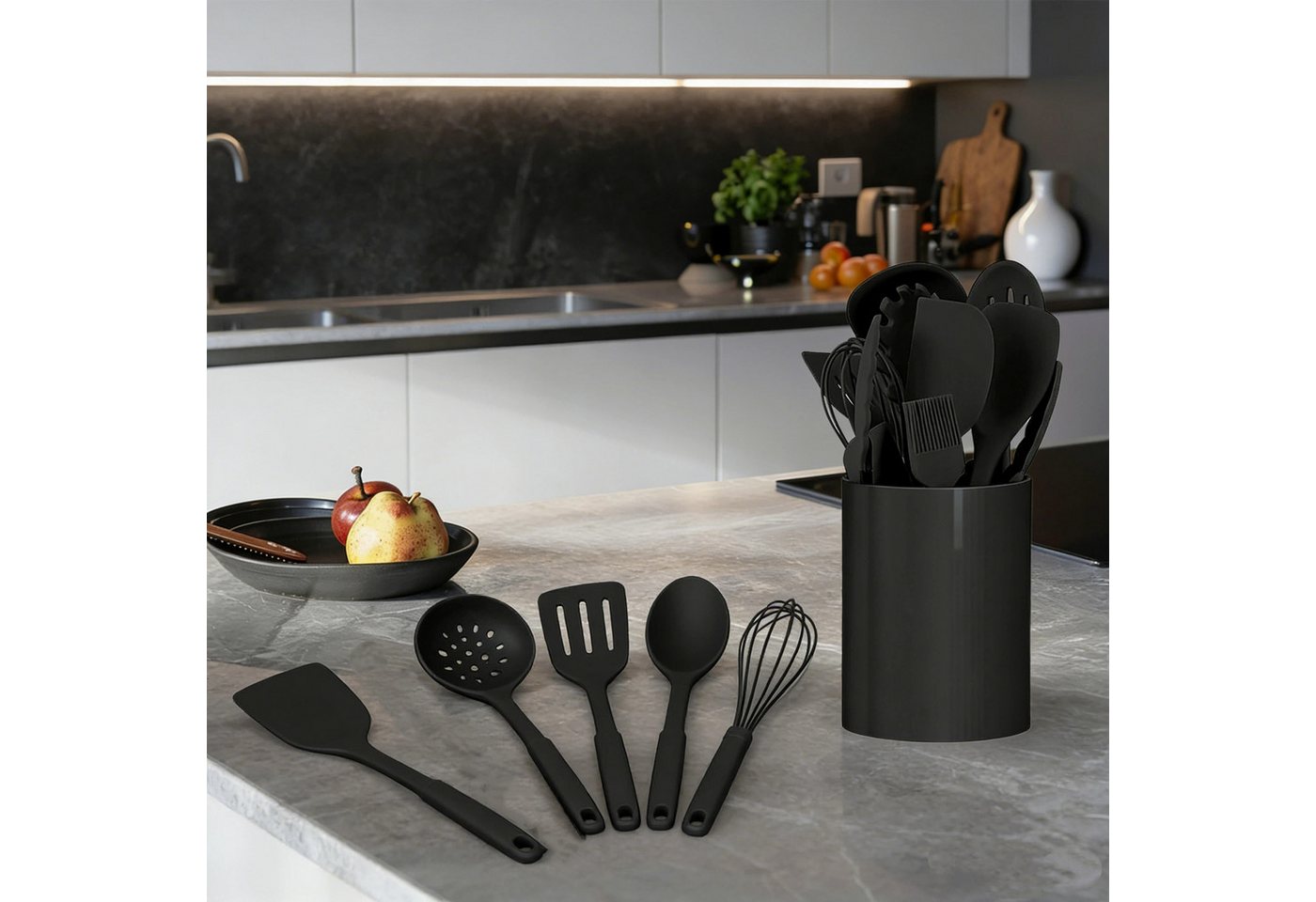 OKWISH Kochbesteck-Set 12er Küchenhelfer Set Kochgeschirr Küchenutensilien (Gesund Silikon Kochset Antihaft Hitzebeständig mit Utensilienhalter, 12-tlg., Silikon, einteilig, Kochutensilien, Silikonspatel, Utensilien-Set), Kochzubehör für kochen und backen