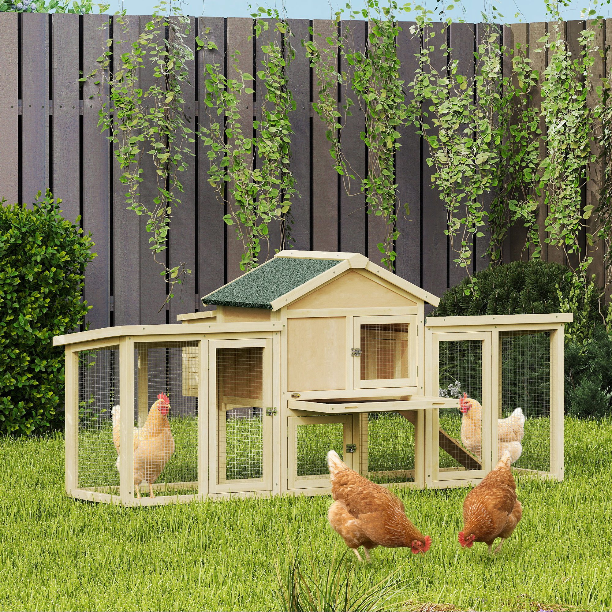 PawHut Hühnerstall Hühnerhaus, Freilaufgehege mit 2 Ebenen, Nistkasten, Sitzstange, für Enten, Kaninchen, für Garten, 204x85x93 cm Naturholz
