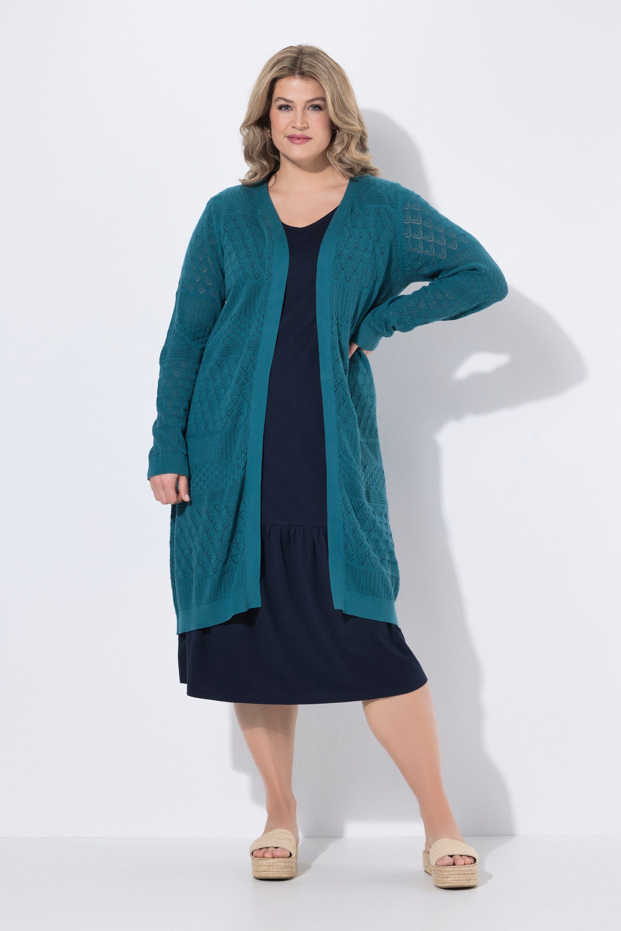 Ulla Popken Strickjacke Long-Strickjacke offene Form Ajour Biobaumwolle