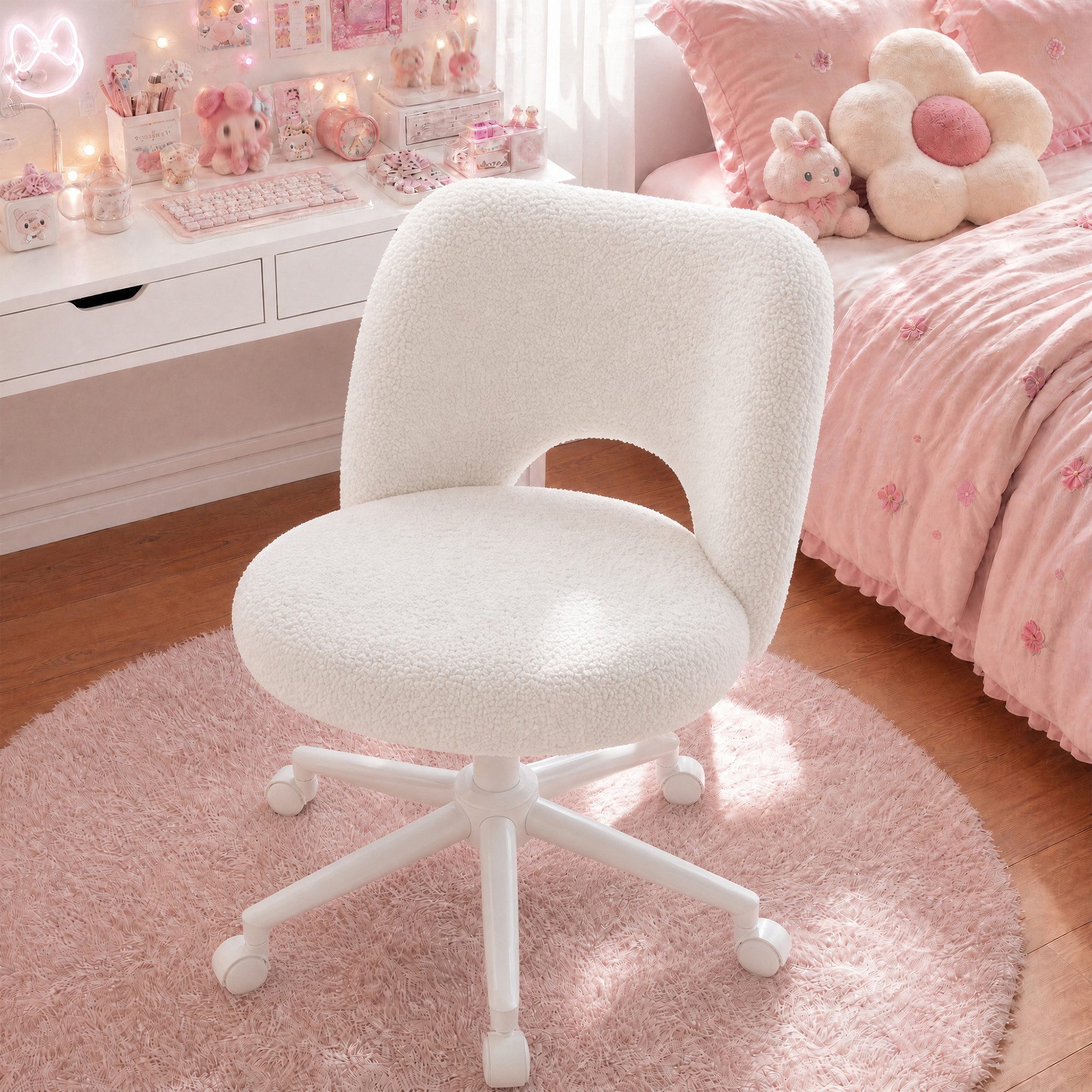 Klyvvo Drehstuhl mit Rollen, Atmungsaktive Kuschelige Teddyfell Schminkstuhl (1 St), höhenverstellbar, für Homeoffice, Büro, Zimmer