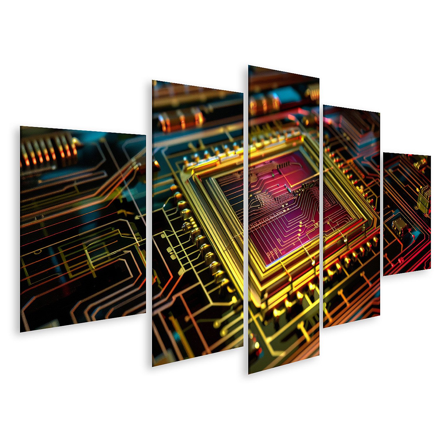 Leinwandbild Detailaufnahme: Komplexes Computer-Motherboard mit diversen Komponente
