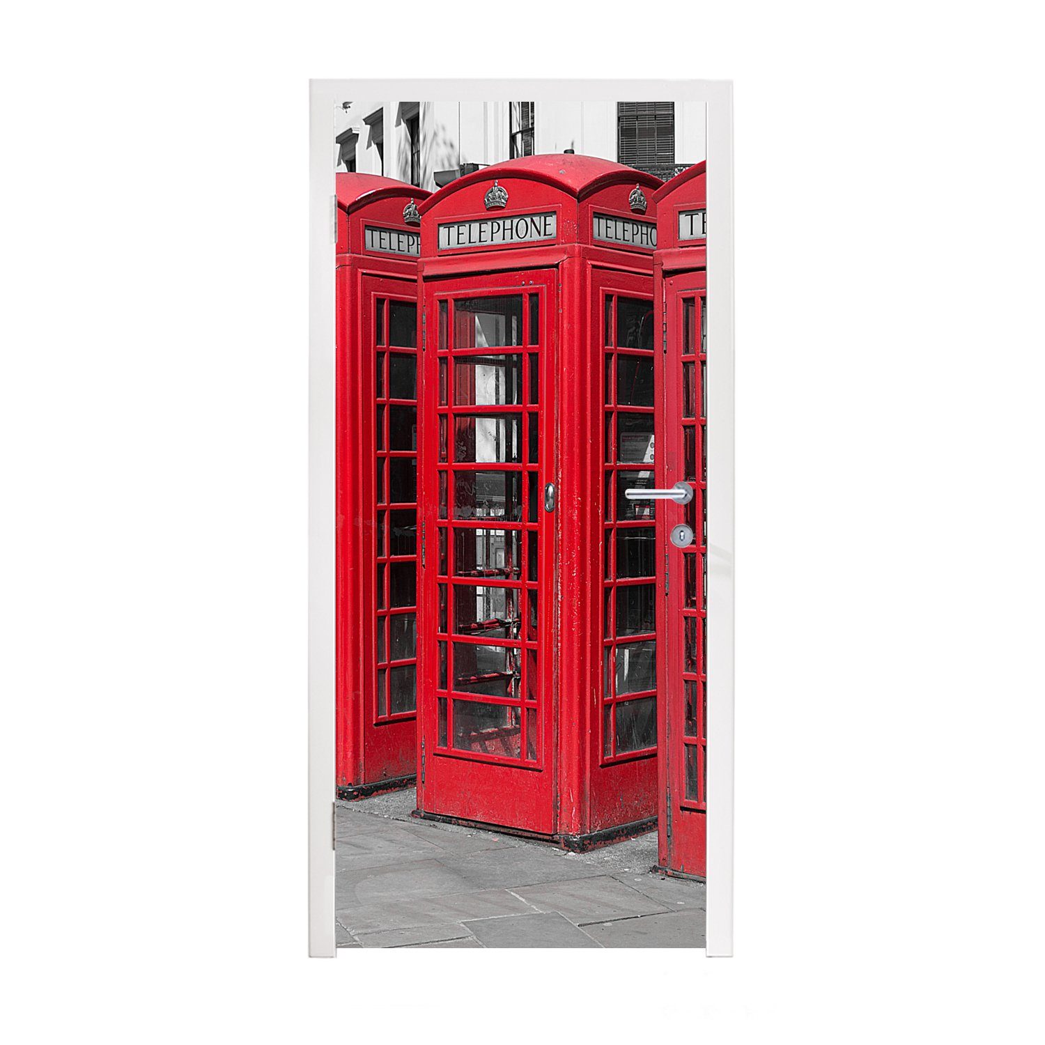 MuchoWow Türtapete Schwarz-Weiß-Foto von vier roten Telefonkabinen, Matt, bedruckt, (1 St), Fototapete für Tür, Türaufkleber, 75x205 cm