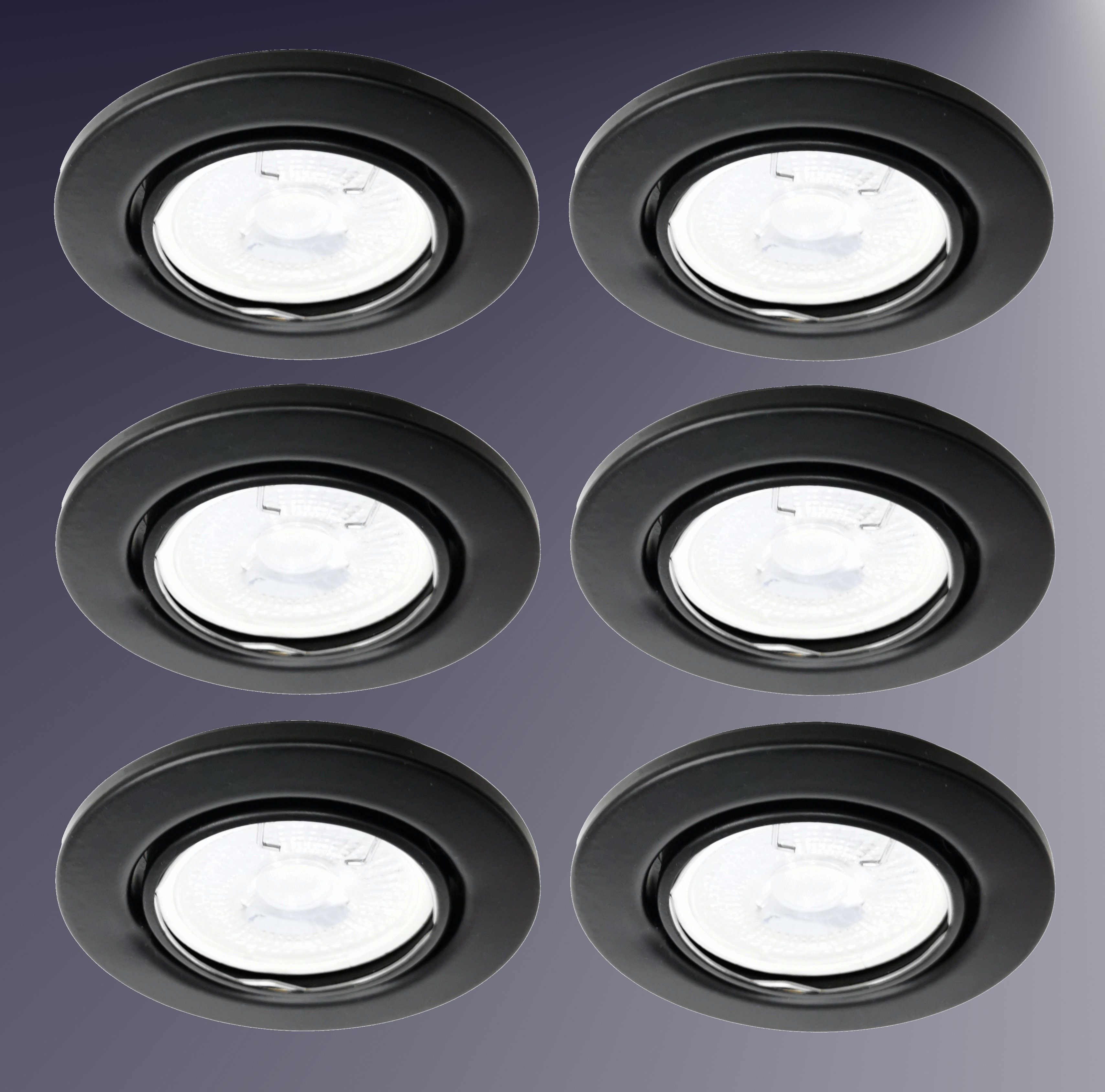TRANGO LED Einbauleuchte, 6er Set 6729-065MCOB LED Einbaustrahler in Schwarz matt schwenkbar inkl. 6x 3000K warmweiß Ultra Flach LED Modul, Einbauspots, Deckenstrahler, Deckenlampe, Badleuchte, Deckenleuchte, Spots, Deckenspot, Downlight