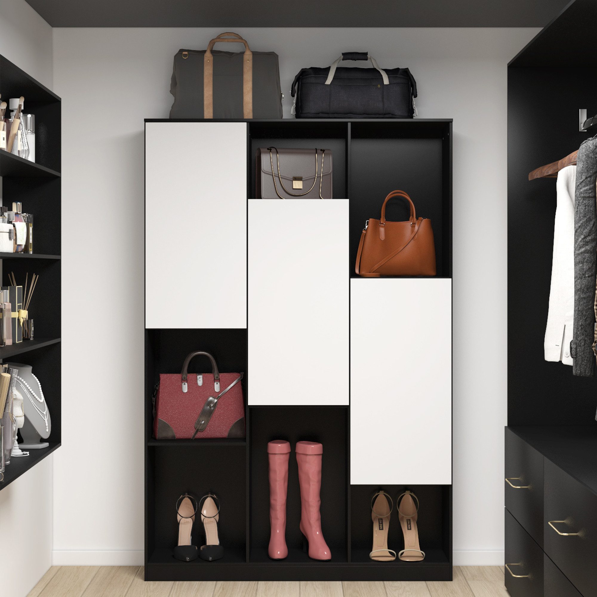 FUFU&GAGA Kleiderschrank 3 Türen und 12 Stauräume,120*30*160cm, Schwarz+wei günstig online kaufen