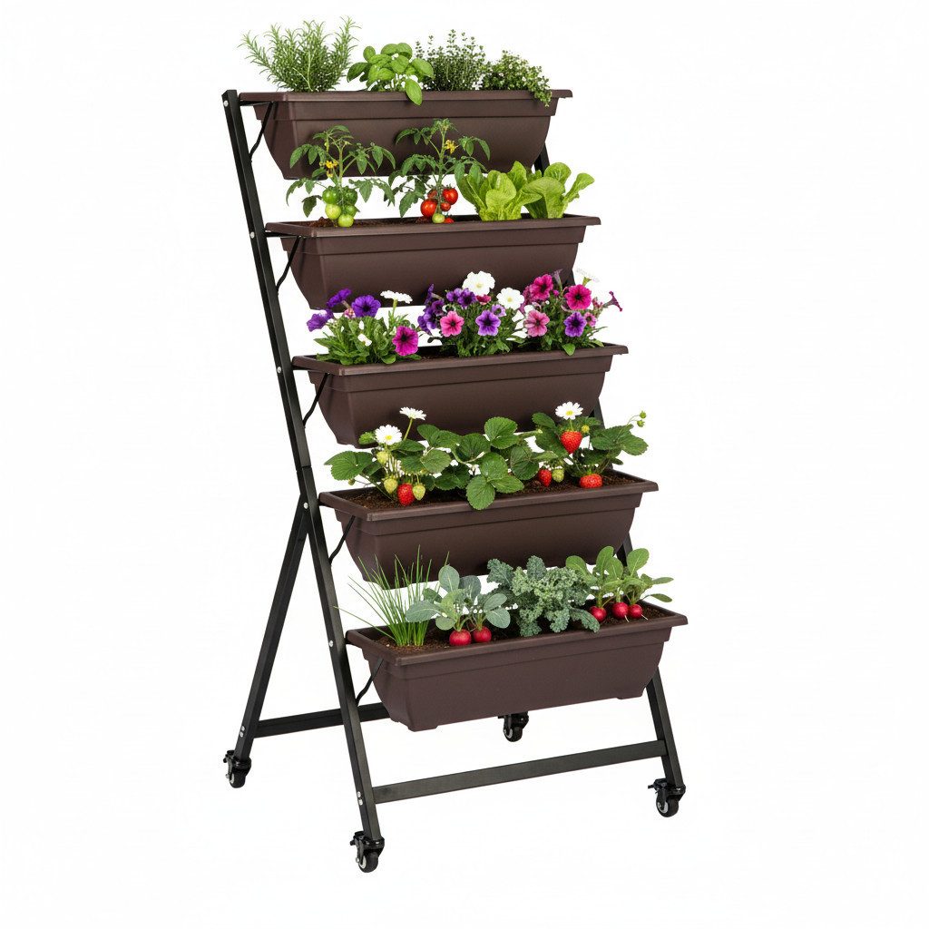 KAHOO Pflanzentreppe 5-stöckiger Blumenständer, 66x65x134cm, Rädern + 5 Kasten