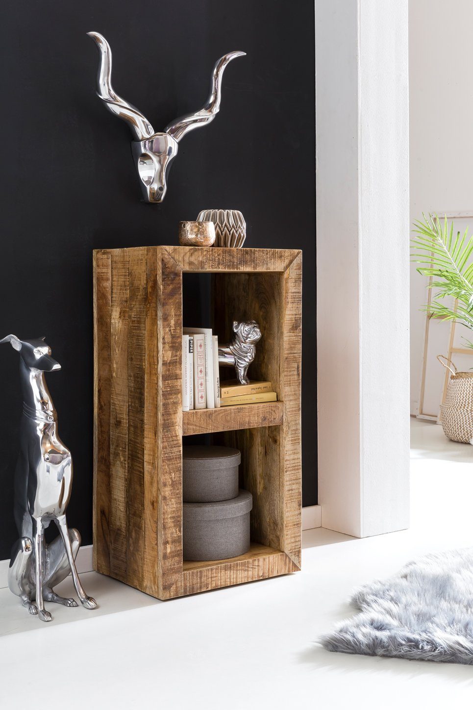 FINEBUY Standregal FB45542 45 x 90 x 35 cm Bücherregal Mangoholz Beistelltisch Massiv, Massivholz Mango Regal 90 x 45 x 35 cm 2 Böden, Holzregal Natur Rustikal, Kleines Bücherregal