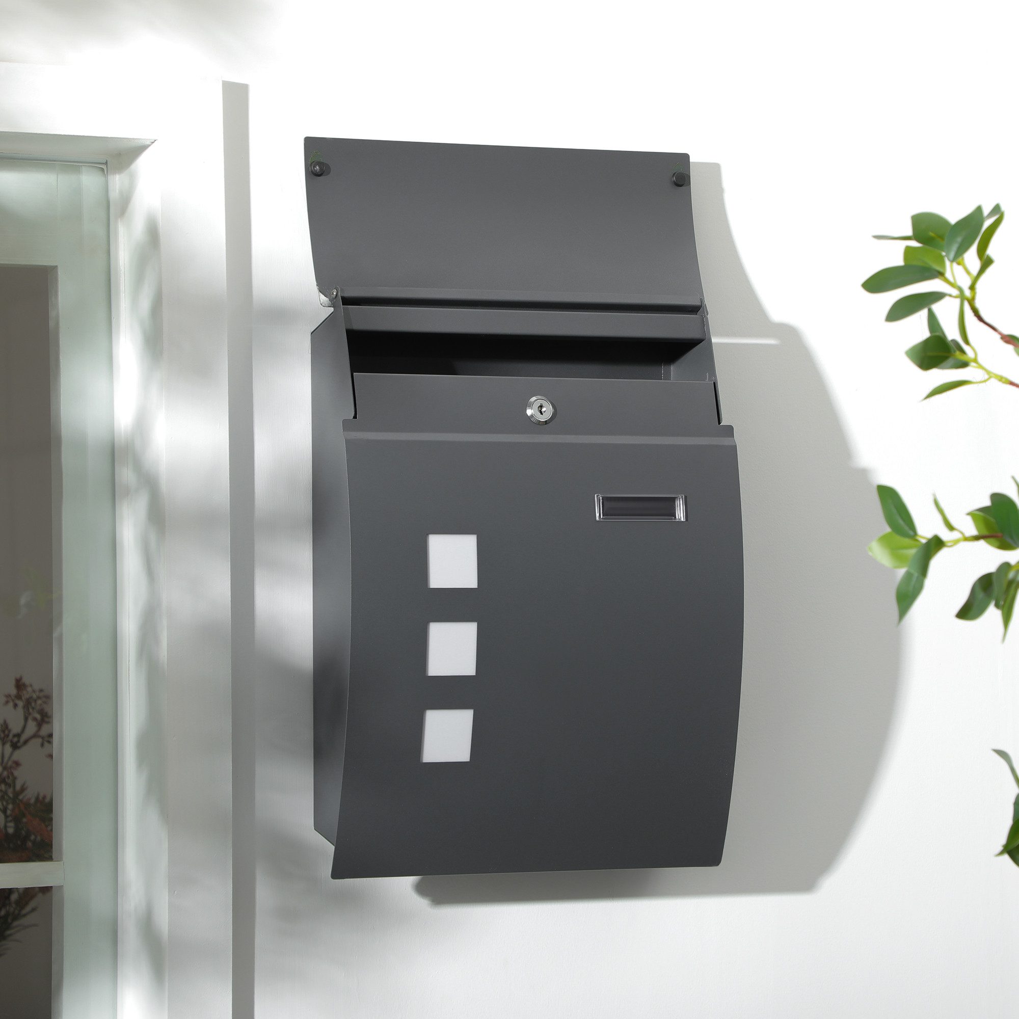 HOMCOM Briefkasten mit Deckel, Schloss, Sichtfenster, Wasserloch (Postkasten, 1-St., Wandbriefkasten), aus Verzinktem Stahl, für Outdoor, 32 x 10 x 45 cm, Dunkelgrau