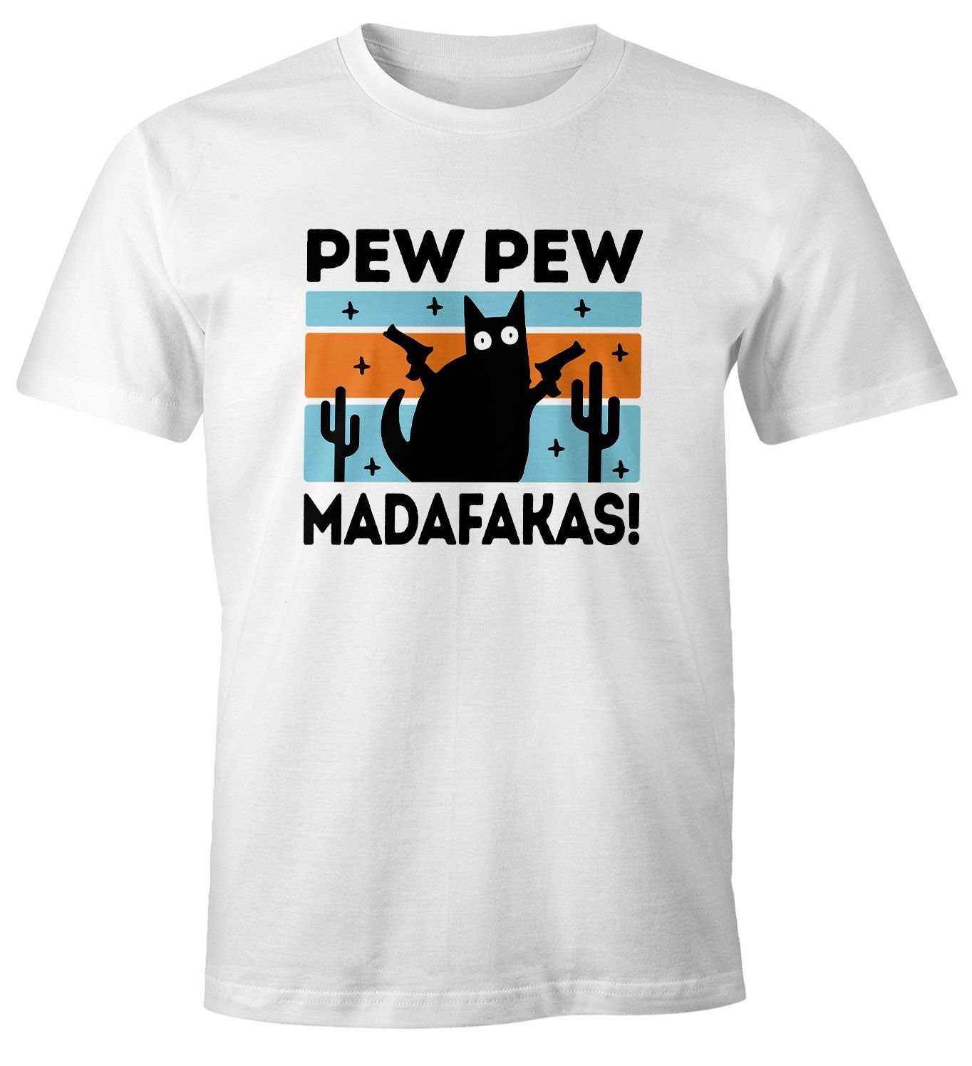 MoonWorks Print-Shirt Herren T-Shirt Pew Pew Madafakas Katze Cat crazy verrückt Fun-Shirt Spruch lustig Moonworks® mit Print weiß