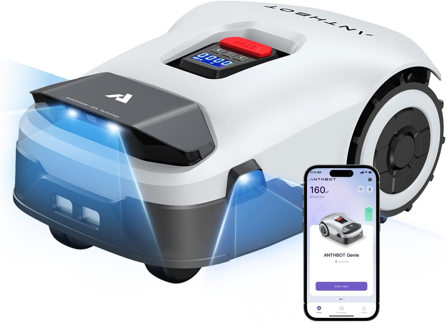 ANTHBOT Rasenmähroboter ANTHBOT KI Drahtloser Mähroboter, bis 1500 m² Rasenfläche, (RTK+4-Kamera-Vision Rasenmäher Roboter), Mehrzonen-Management,Hindernisvermeidung