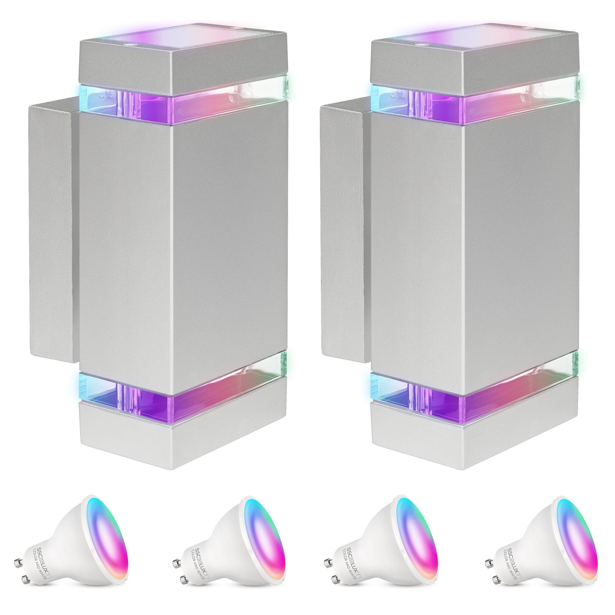 SSC-LUXon LED Außen-Wandleuchte Außenlampe Wandstrahler Up & Down IP44 hellgrau mit 2x RGB GU10 Smart, RGB & Weißtöne