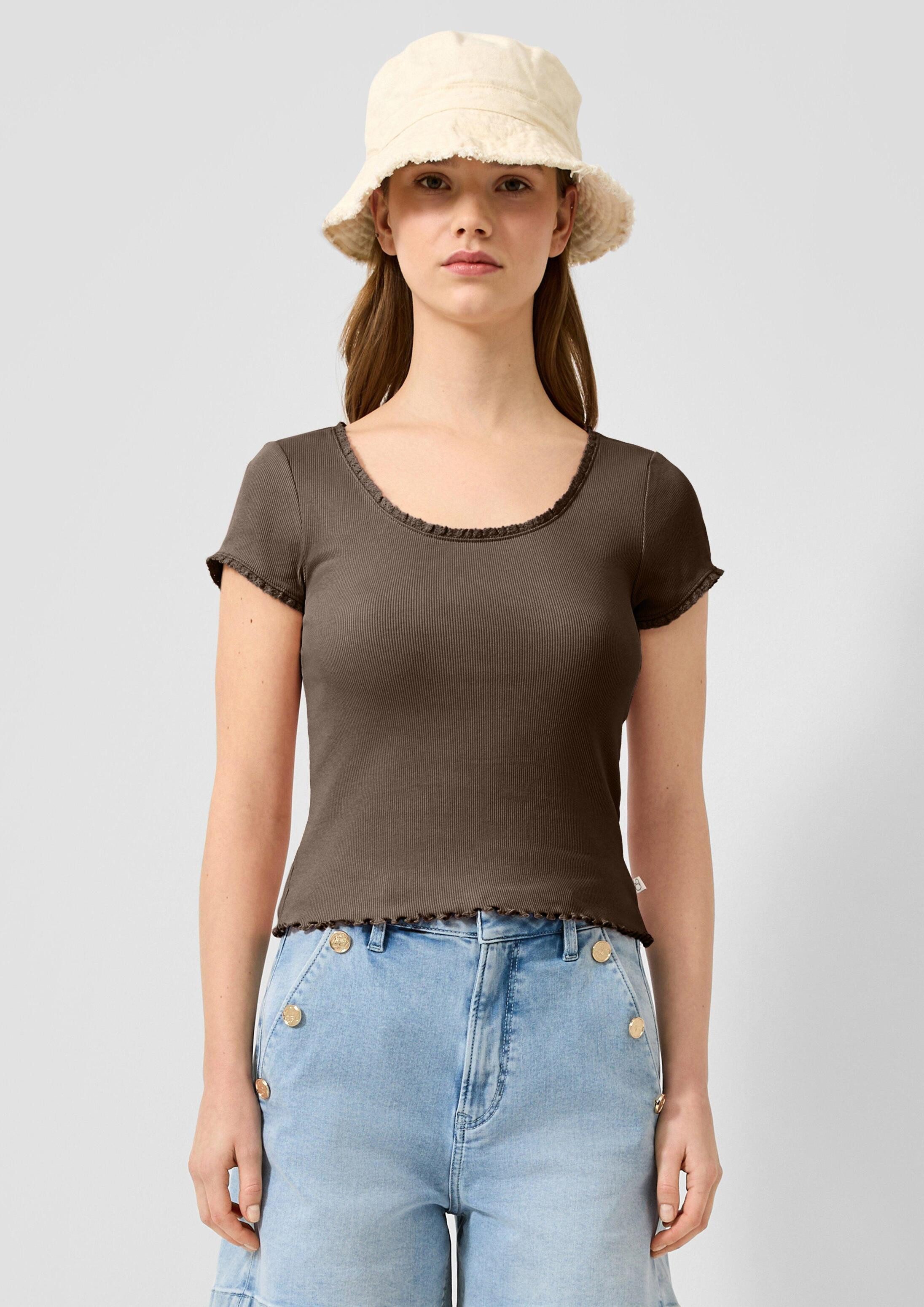QS Kurzarmshirt T-Shirt Rippshirt mit Spitzenkante
