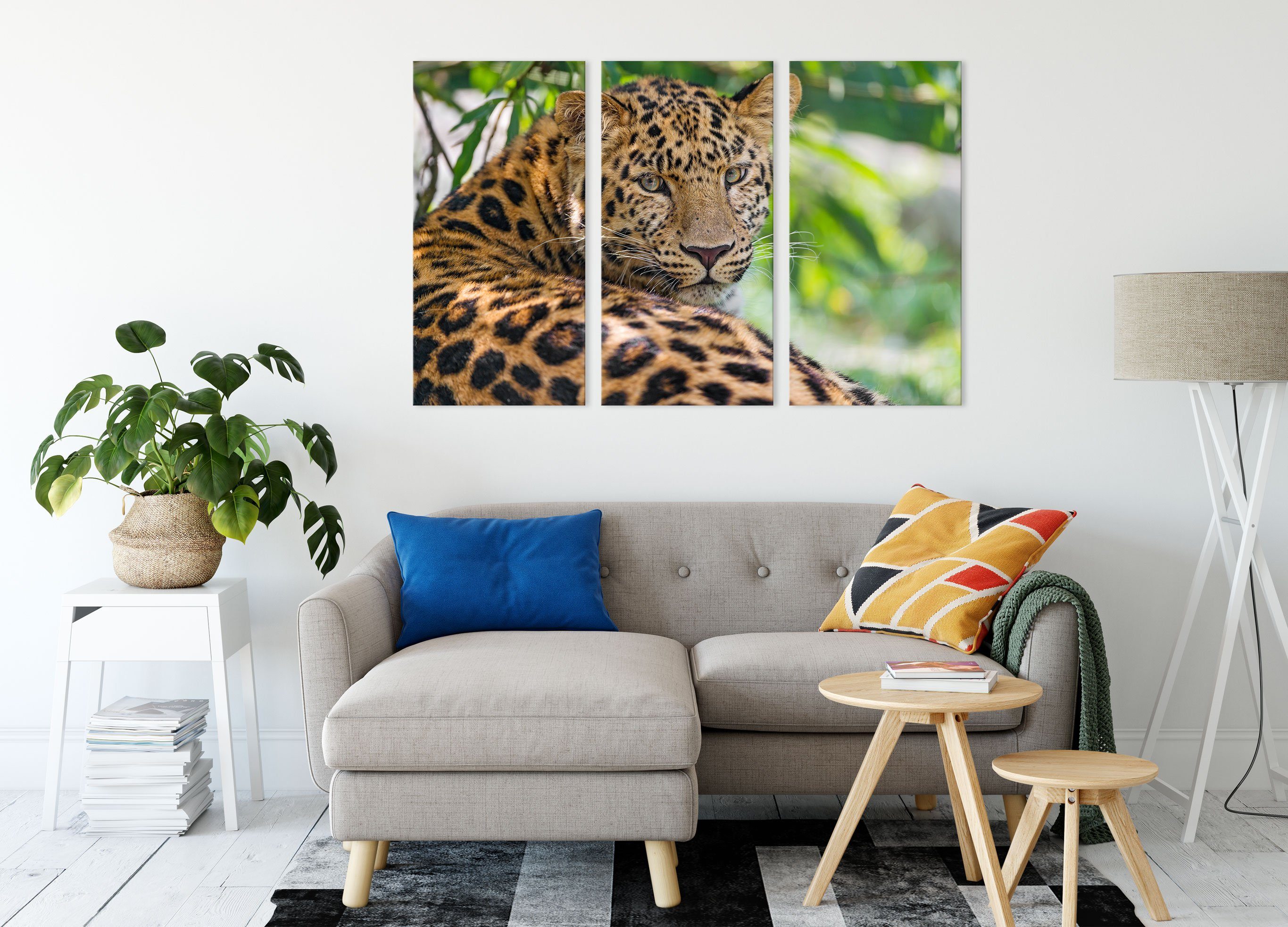 (120x80cm) aufmerksamer Schatten (1 inkl. aufmerksamer 3Teiler Schatten, Pixxprint Leinwandbild im Leopard im bespannt, Zackenaufhänger Leopard fertig St), Leinwandbild