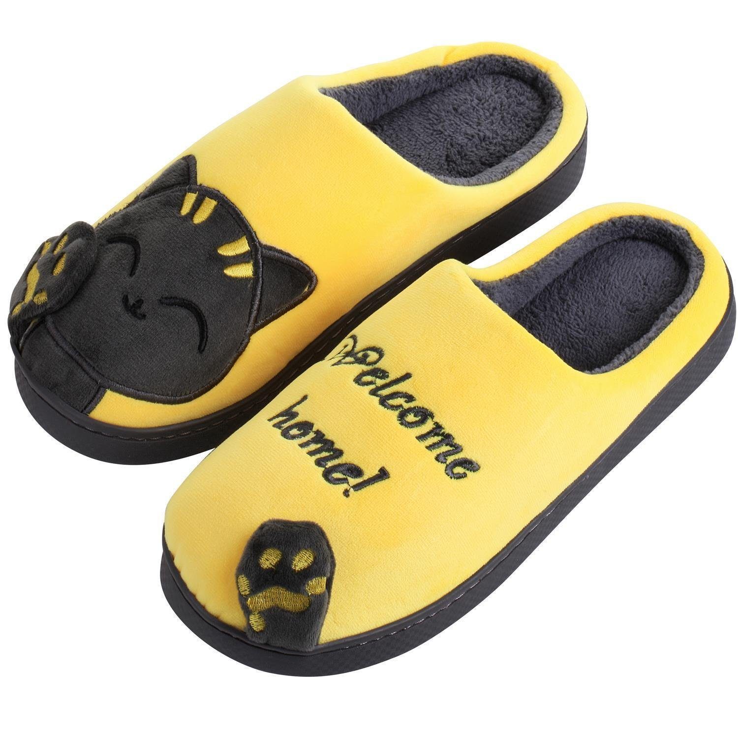 Katara Tier Pantoffeln Gr. 34-41 (Einhorn, Katze, Hase) Plüsch Hausschuhe Hausschuhe, weich, warm, süß, kuschelig, Plüsch Katze (Schwarz-Gelb)