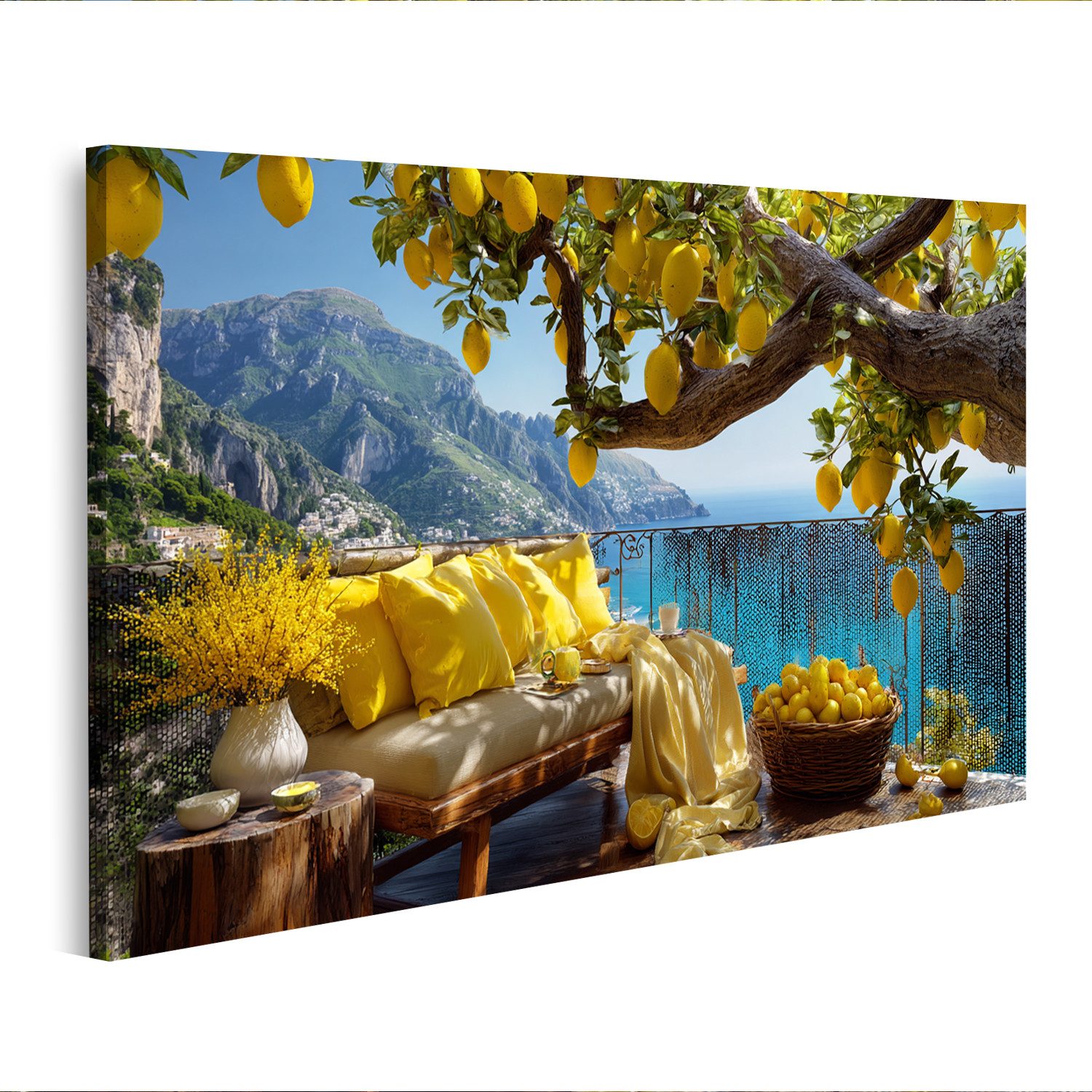 islandburner Leinwandbild Balkon mit Zitronen und Meerblick - Sommerliche Wanddekoration -