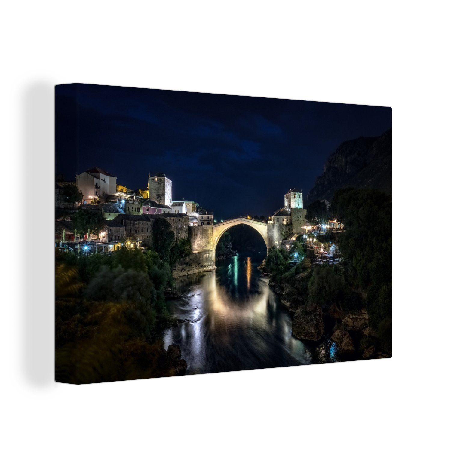 OneMillionCanvasses® Leinwandbild Die Stari-Most-Brücke in Bosnien und Herzegowina ist am Abend, (1 St), Wandbild Leinwandbilder, Aufhängefertig, Wanddeko, 30x20 cm