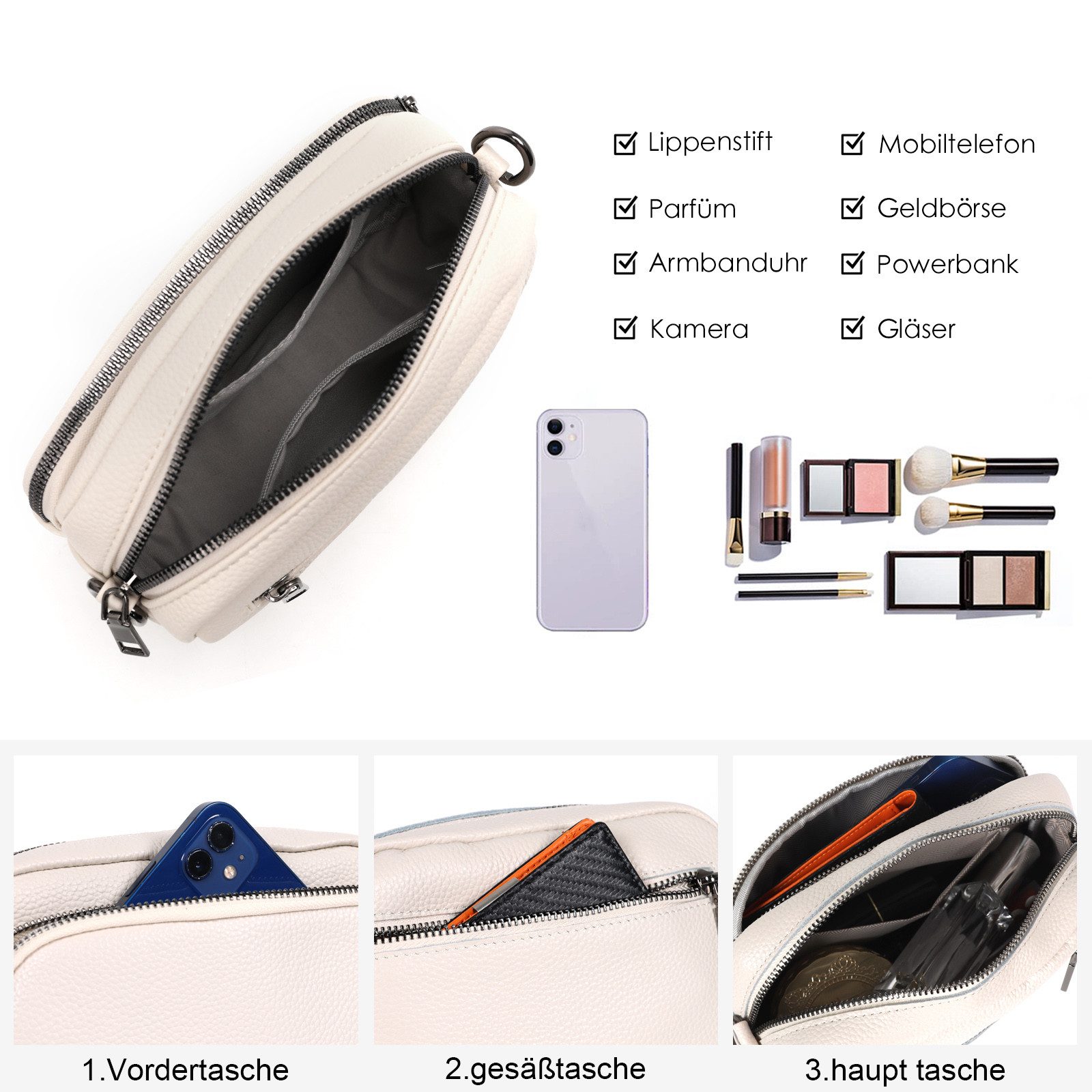 TAN.TOMI Umhängetasche Damen Handy Umhängetasche Kunstleder Crossbody Bag Damen (mit 3 fächern Handtasche mit Verstellbar Abnehmbar Schultergurt), Handytasche zum Umhängen, Moderne Handtasche Damen