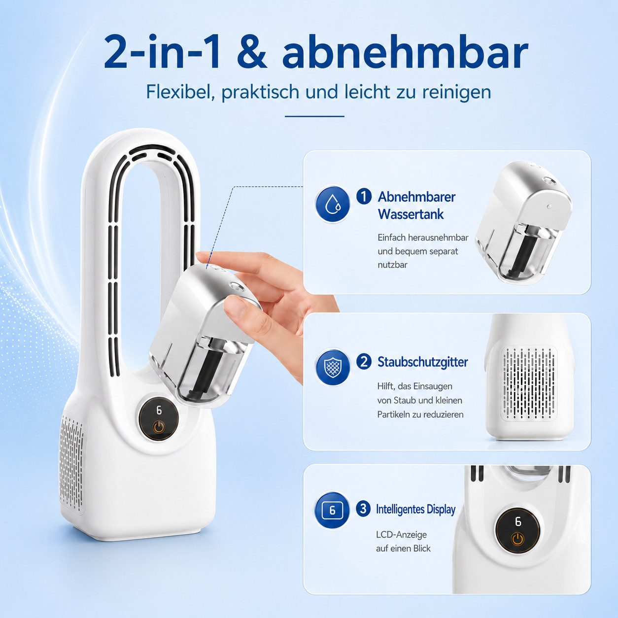 MOPUEA Turmventilator Turmventilator ohne Flügel, Tischventilator mit 6 Geschwindigkeiten, Tragbarer USB Zerstäuberventilator, Schnelle Kühlung, Leiser Betrieb