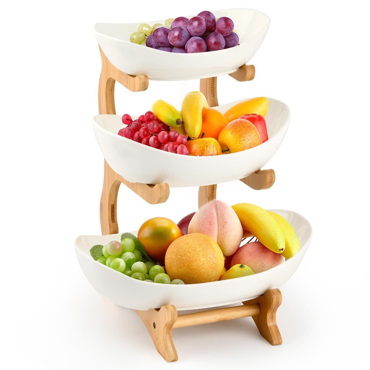 BlingBin Etagere Obstschale, 3 Stöckig Etagere: Obstschale & Kuchenständer, Holz, (1er Set, 1-tlg., Küchenablagekorb und Dekoschalen für die Arbeitsplatte), Obstschale mit Natürlichem Bambus Steher, für Gemüse, Obst, Snacks