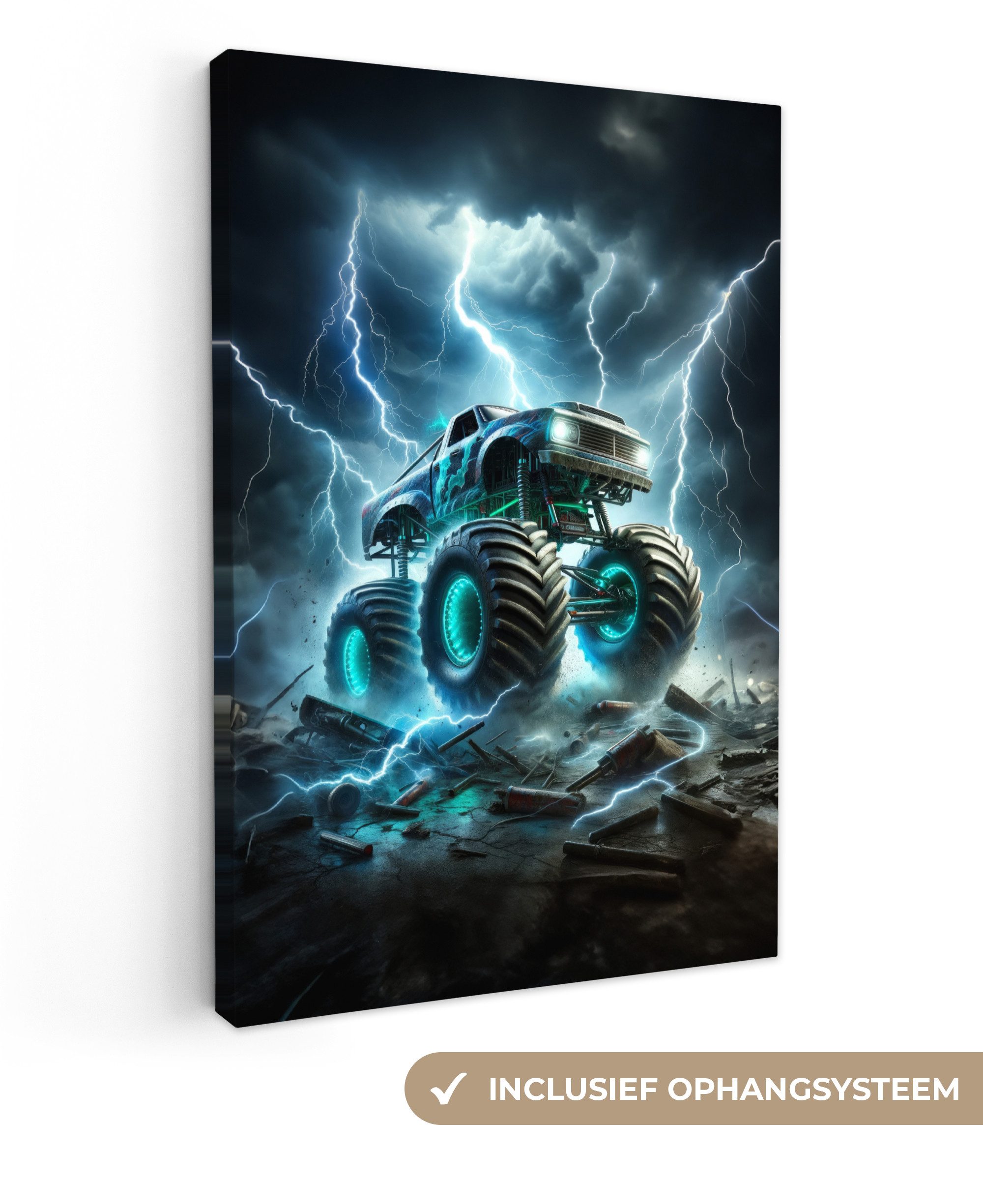 OneMillionCanvasses® Leinwandbild Monstertruck - Blitze - Blau - Jungen - Auto, Fotodruck (1 St), Teenager Zimmer Bild, Jugendzimmer Deko, Kinder Wanddeko, 20x30 cm
