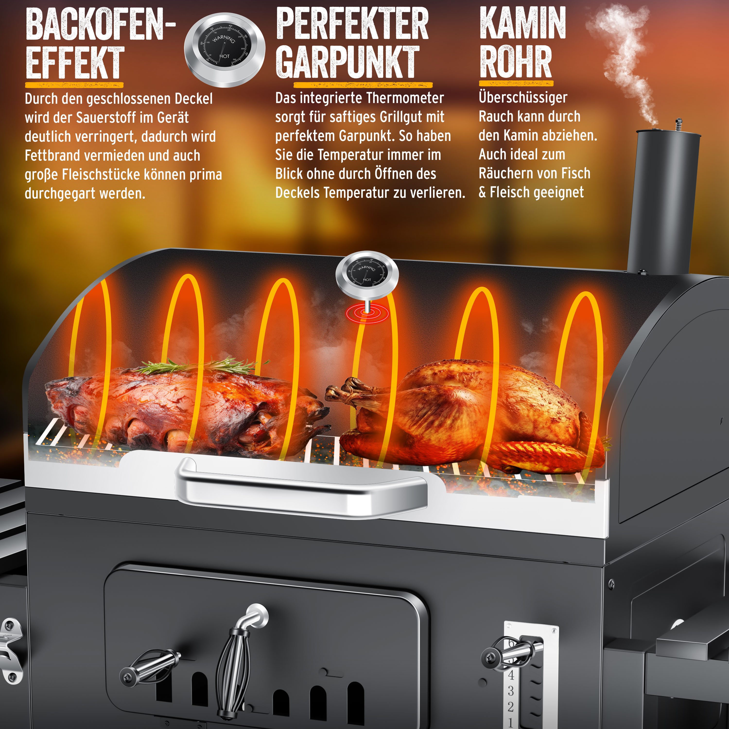 KESSER Holzkohlegrill Grillwagen BBQ Smoker XXL Holzkohlegrill mit Deckel, Rädern, Edelstahl-Griff, Thermometer, Grillrost, Standgrill, Kohlegrillwagen