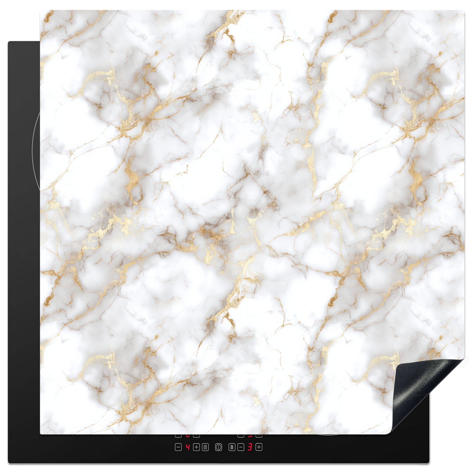 MuchoWow Herd-Abdeckplatte Goldene Adern - Marmor - Weiß, Vinyl, (1 tlg), Cerankochfeld Abdeckung, Herd Abdeckplatten Vinyl, 58x59 cm