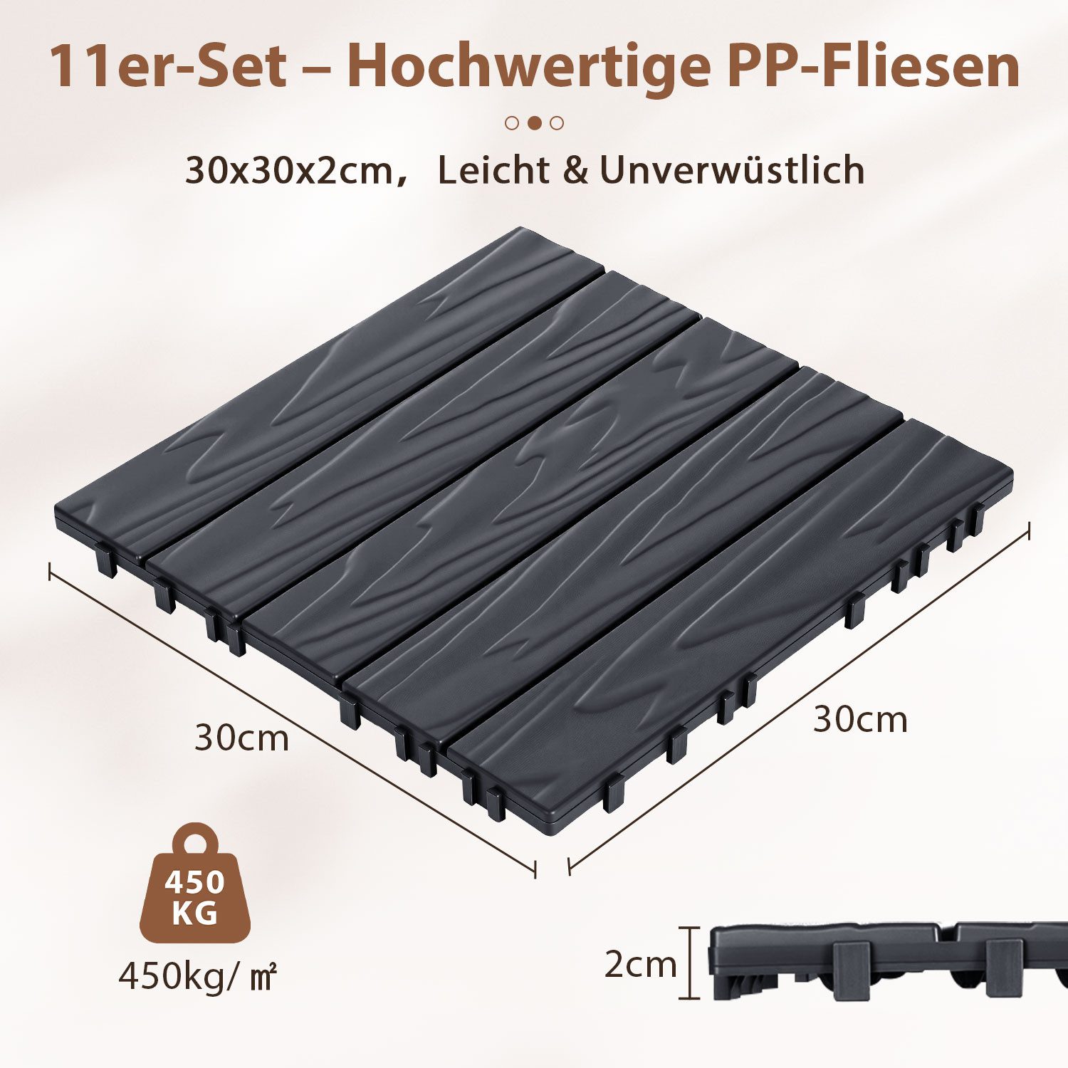 Clanmacy Terrassenplatte Kunststoff-Bodenfliesen 66 Stück 30x30cm Klickfliesen Anthrazit, Kunststoff 30x30, Anthrazit