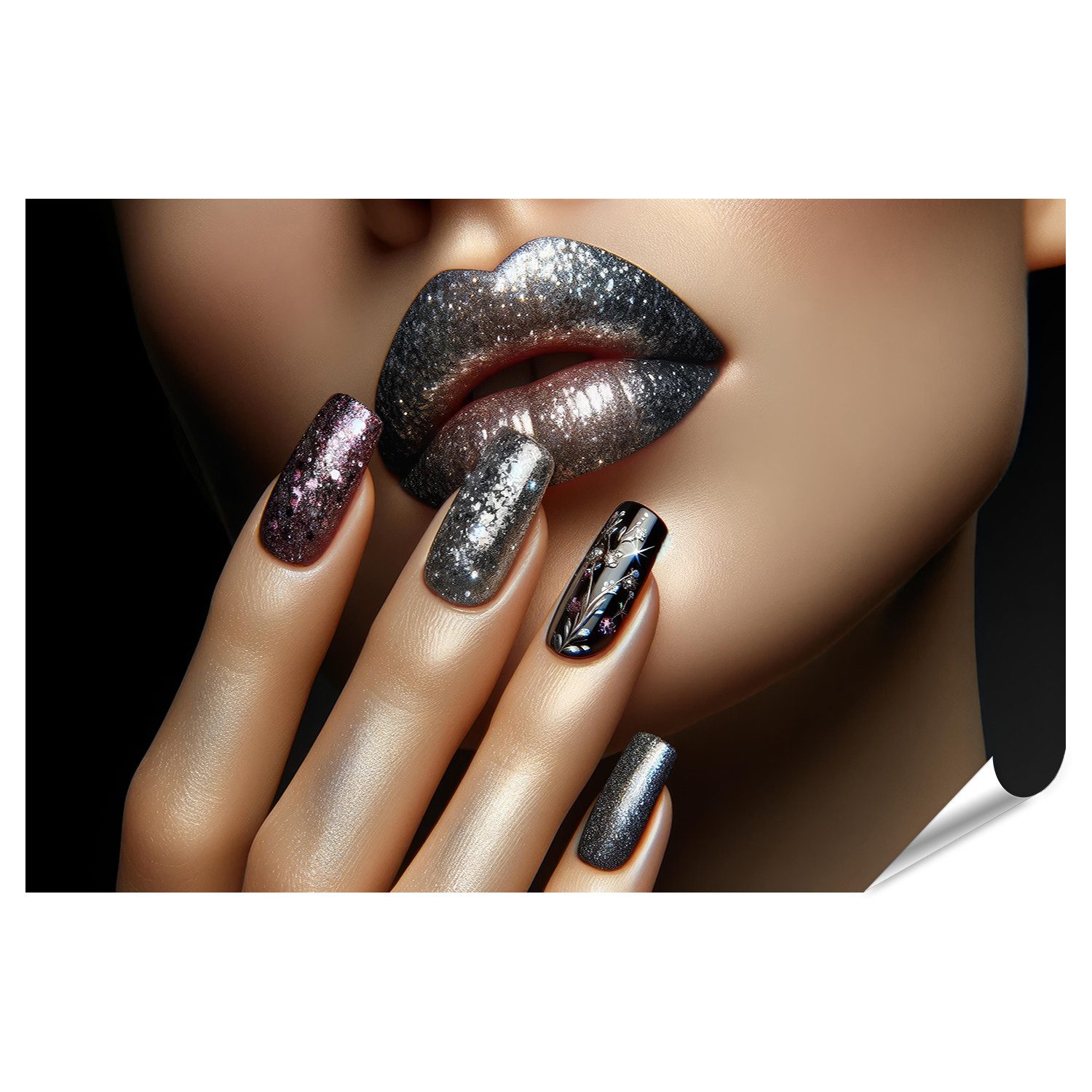 Poster Glitzernde Lippen und Nägel in Silber und Pflaume Nagelstudio Beauty S