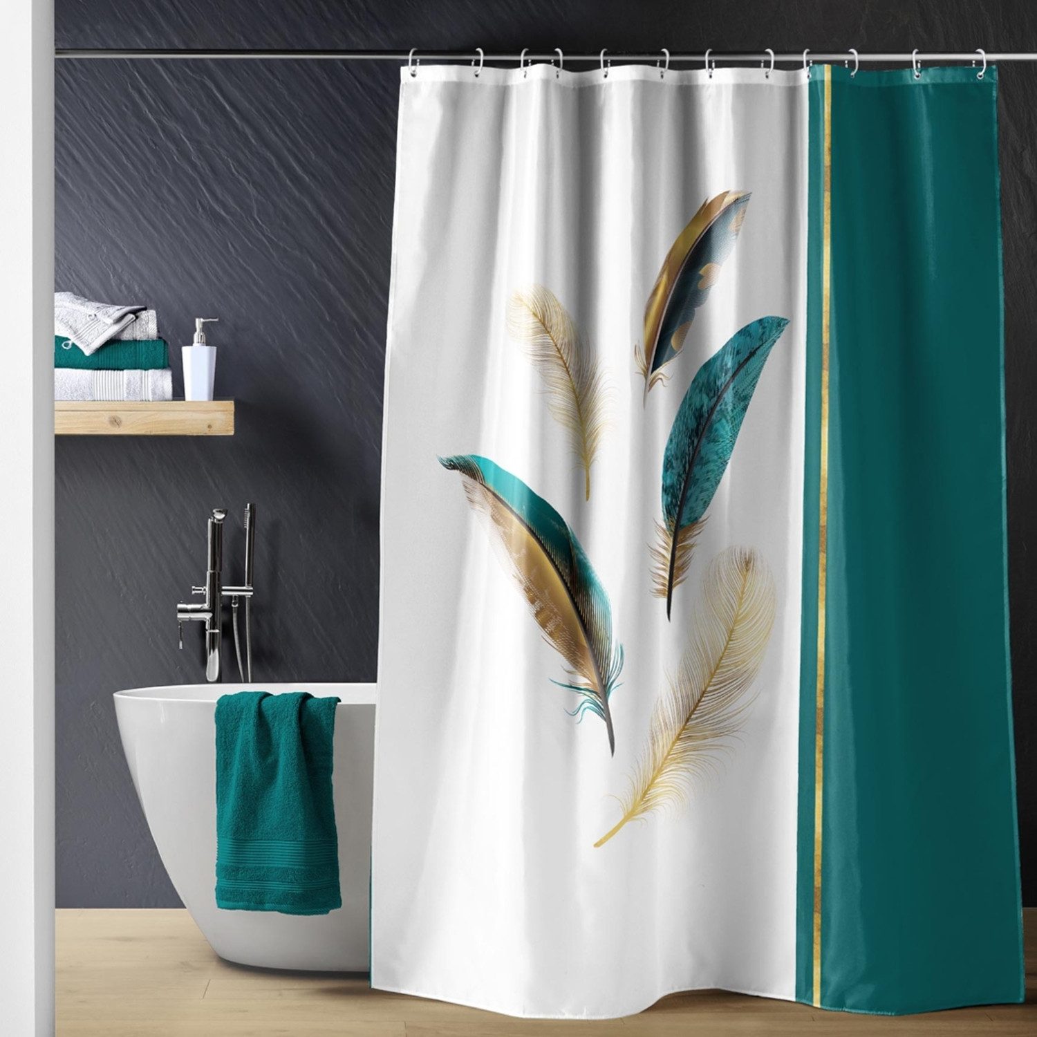 Sanixa Duschvorhang Federn Grün Gold 180x200 günstig online kaufen