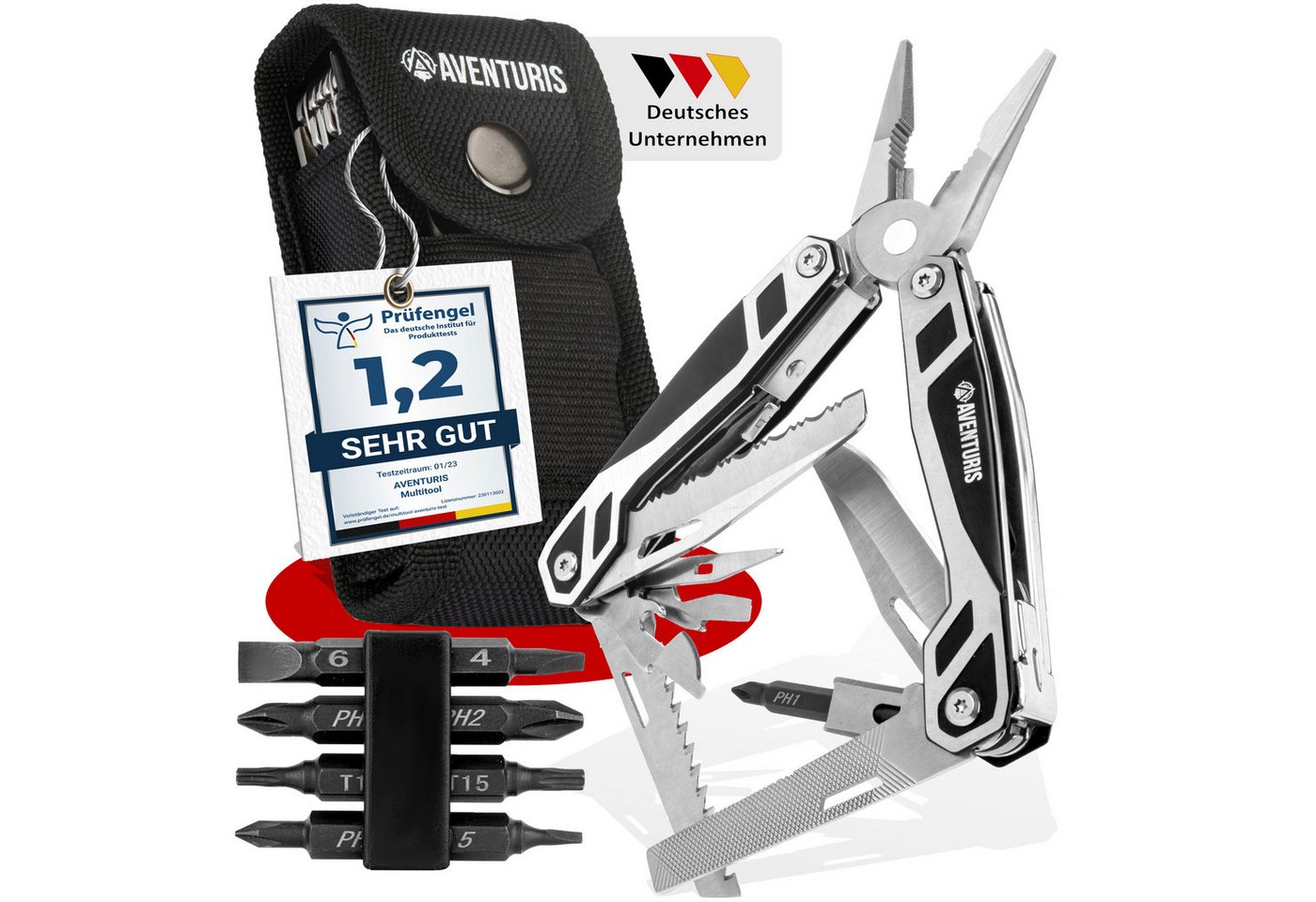 AVENTURIS Multitool T12 aus Edelstahl mit 21 Funktionen! Perfektes Outdoor Camping Zubehör, (1 St), Edelstahl