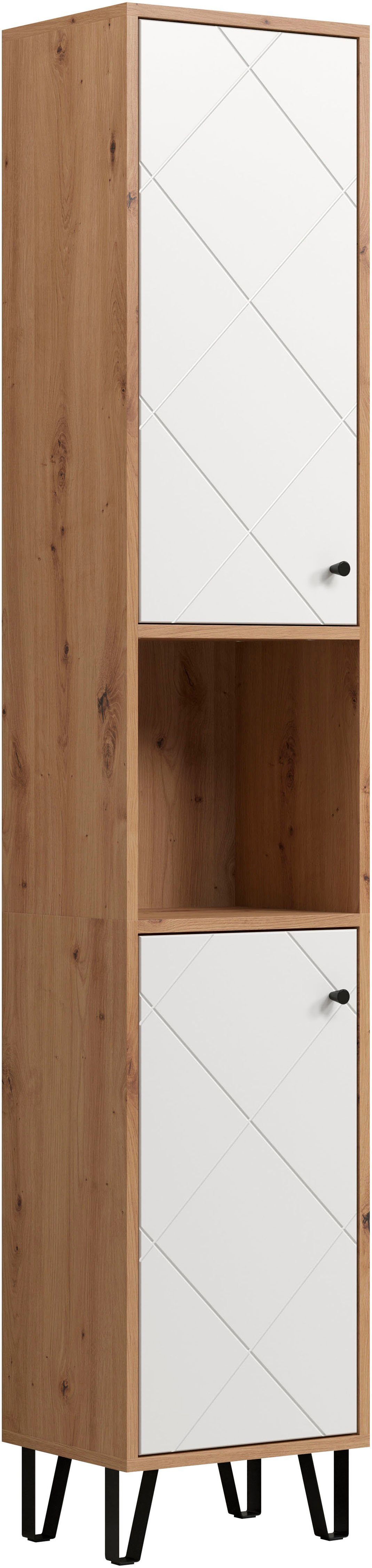 braune Türen, (1-St) Breite matt, Hochschrank 2 Touch trendteam Retro Metallfüße, cm, 36 weiß / Holzoptik