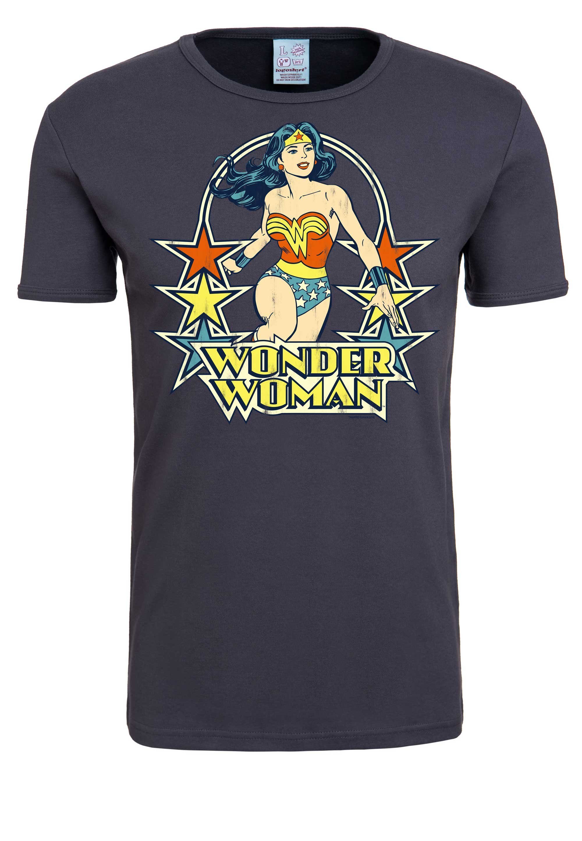 LOGOSHIRT T-Shirt Wonder Woman – lizenziertem mit blau-grau Stars Originaldesign