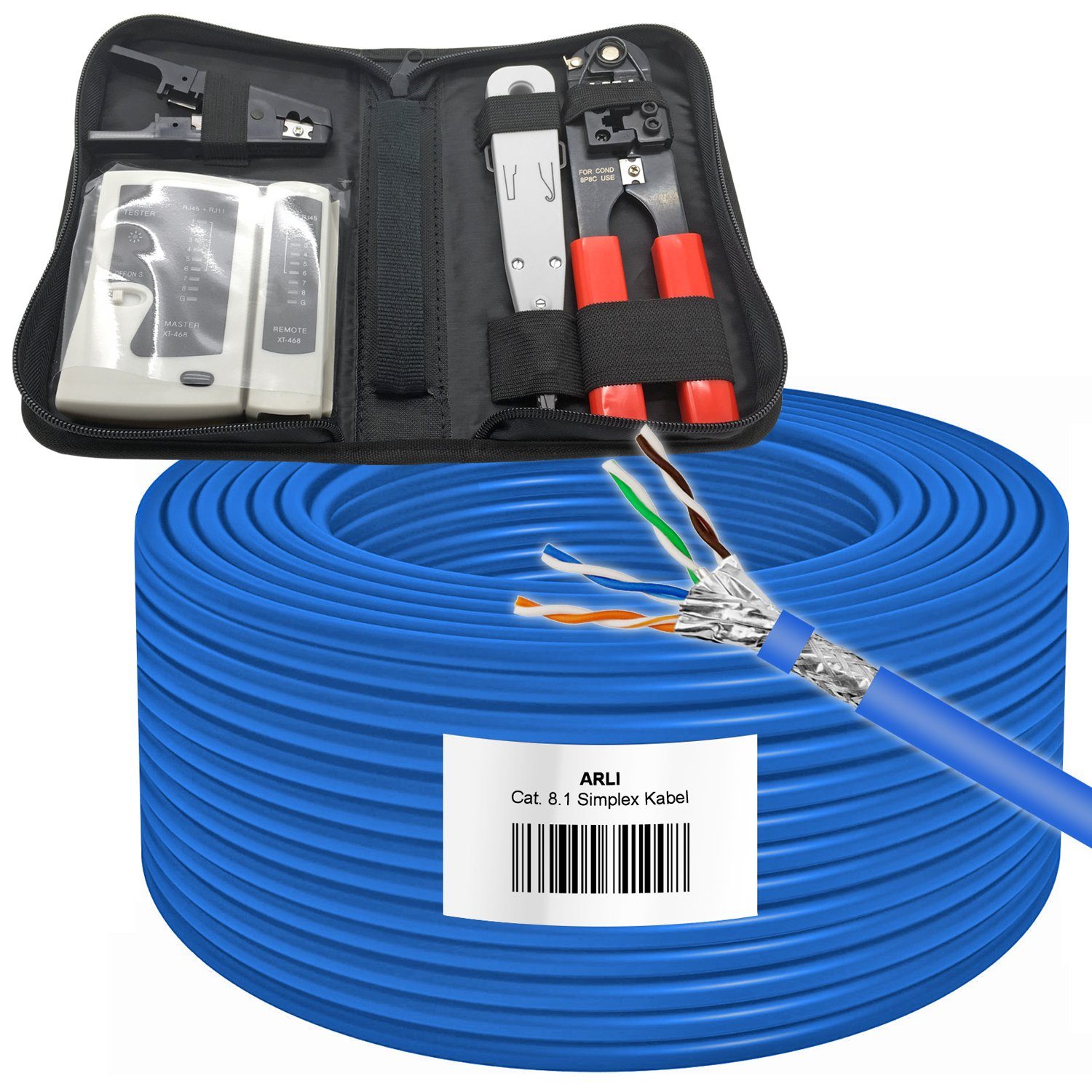 ARLI Cat8 Verlegekabel 50m Cat 8.1 Netzwerkkabel + Werkzeug Set Installationskabel, (5000 cm), Metermarkierung