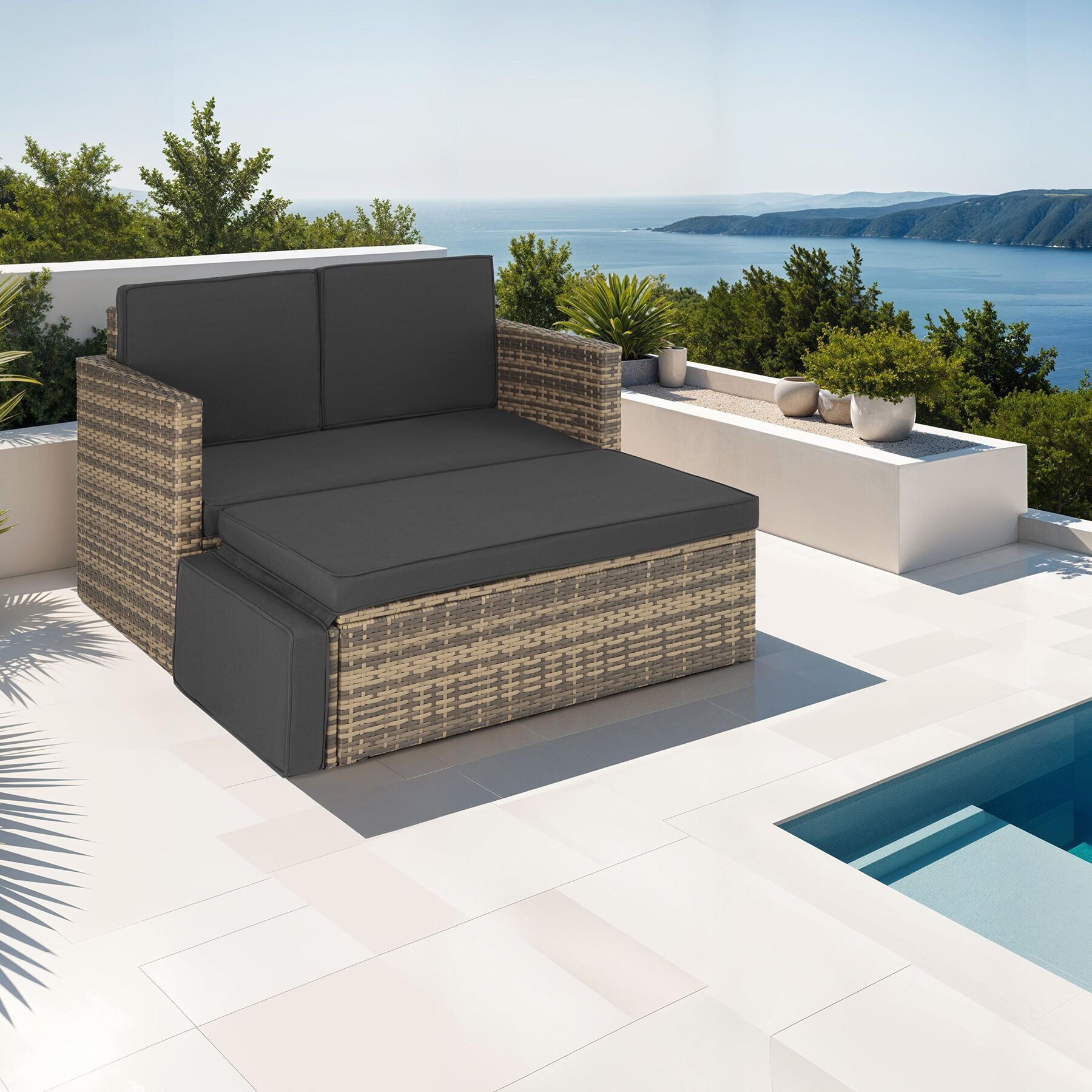 tectake Loungeset Rattan Lounge, Hocker mit klappbarer Stütze, (Gartenlounge Korfu, 2-tlg., in natur), 2-Sitzer, widerstandsfähig, UV-beständig, Dicke der Polster 8 cm