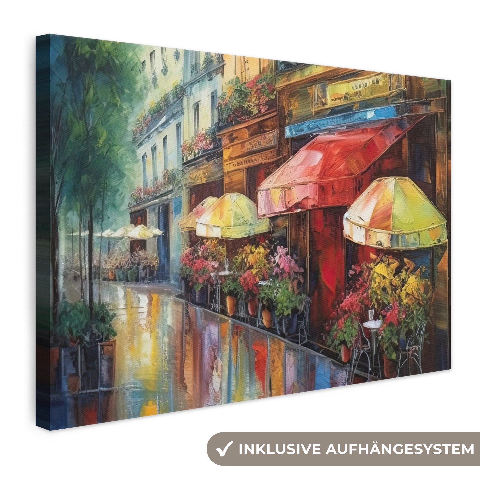 OneMillionCanvasses® Leinwandbild Straße - Ölfarbenoptik - Farbenfroh - Stadt, Fotodruck (1 St), Leinwand Bilder Klein, Wand Dekoration Aesthetic 30x20 cm