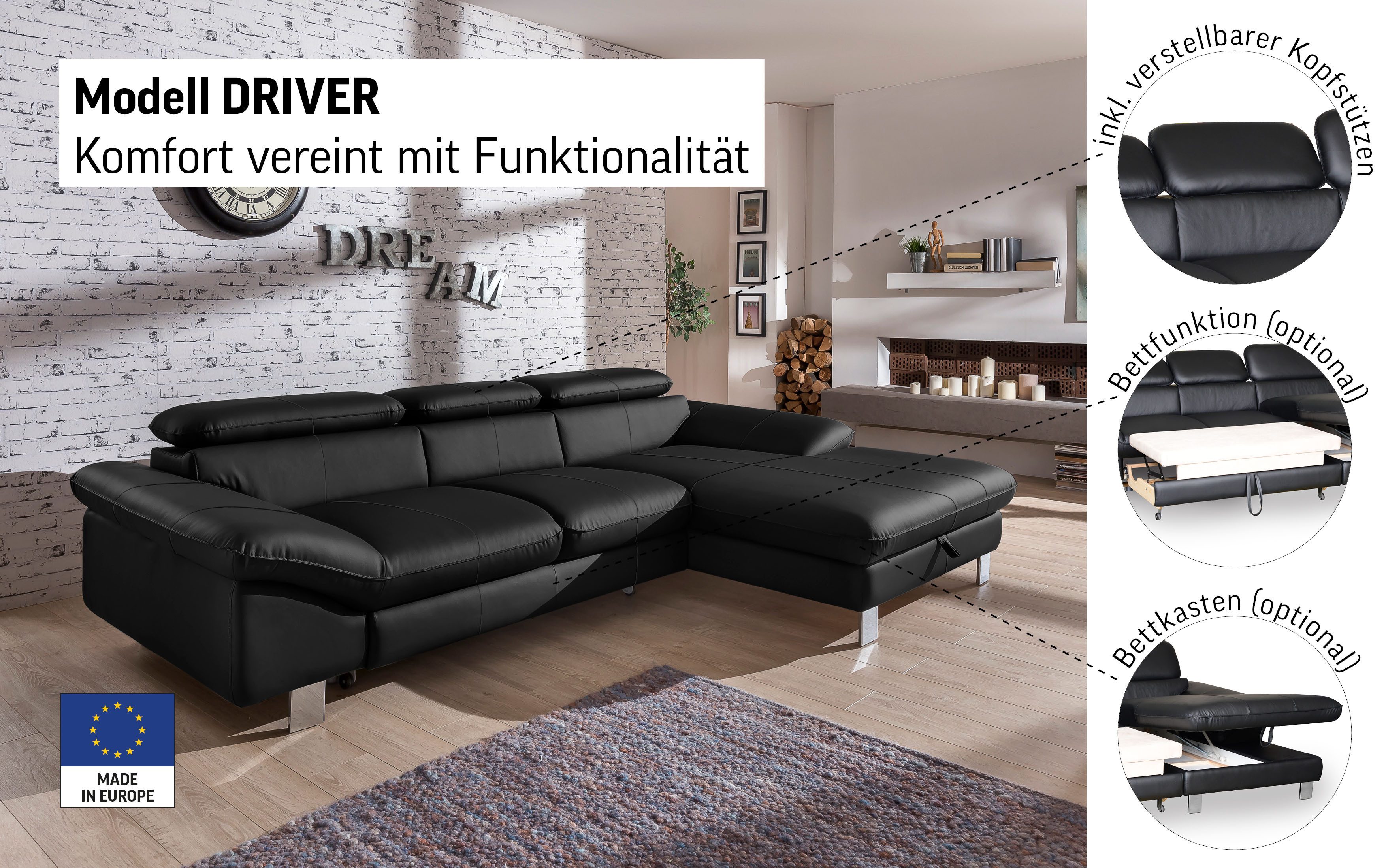 COTTA Ecksofa Driver L-Form, mit Kopfteilverstellung, wahlweise mit Bettfunktion & Bettkasten