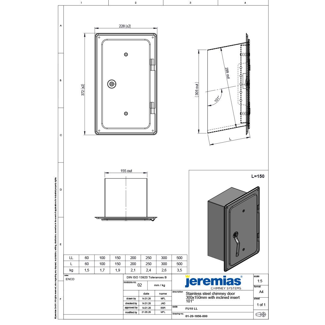 Jeremias Schornstein EW-FU Edelstahlkamintür 300 x 150 mm mit Schiebestutzen 60 mm (schräg)