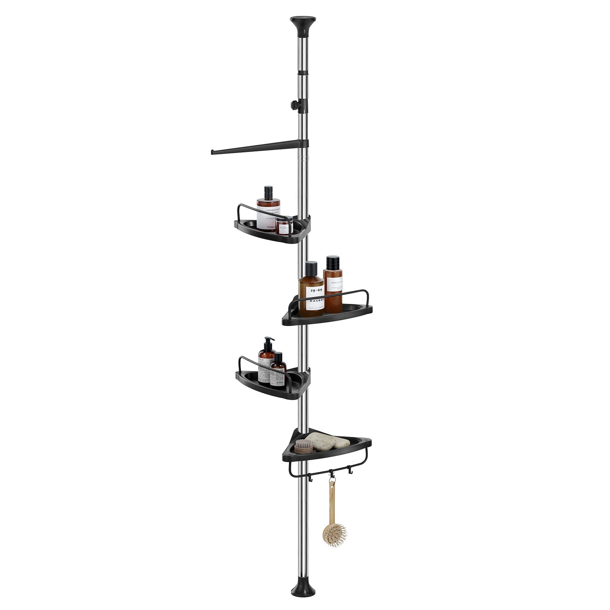 SONGMICS Badregal Duschregal, 95-300 3 4 Haken, Ablagen, cm, Eckregal silbern-schwarz