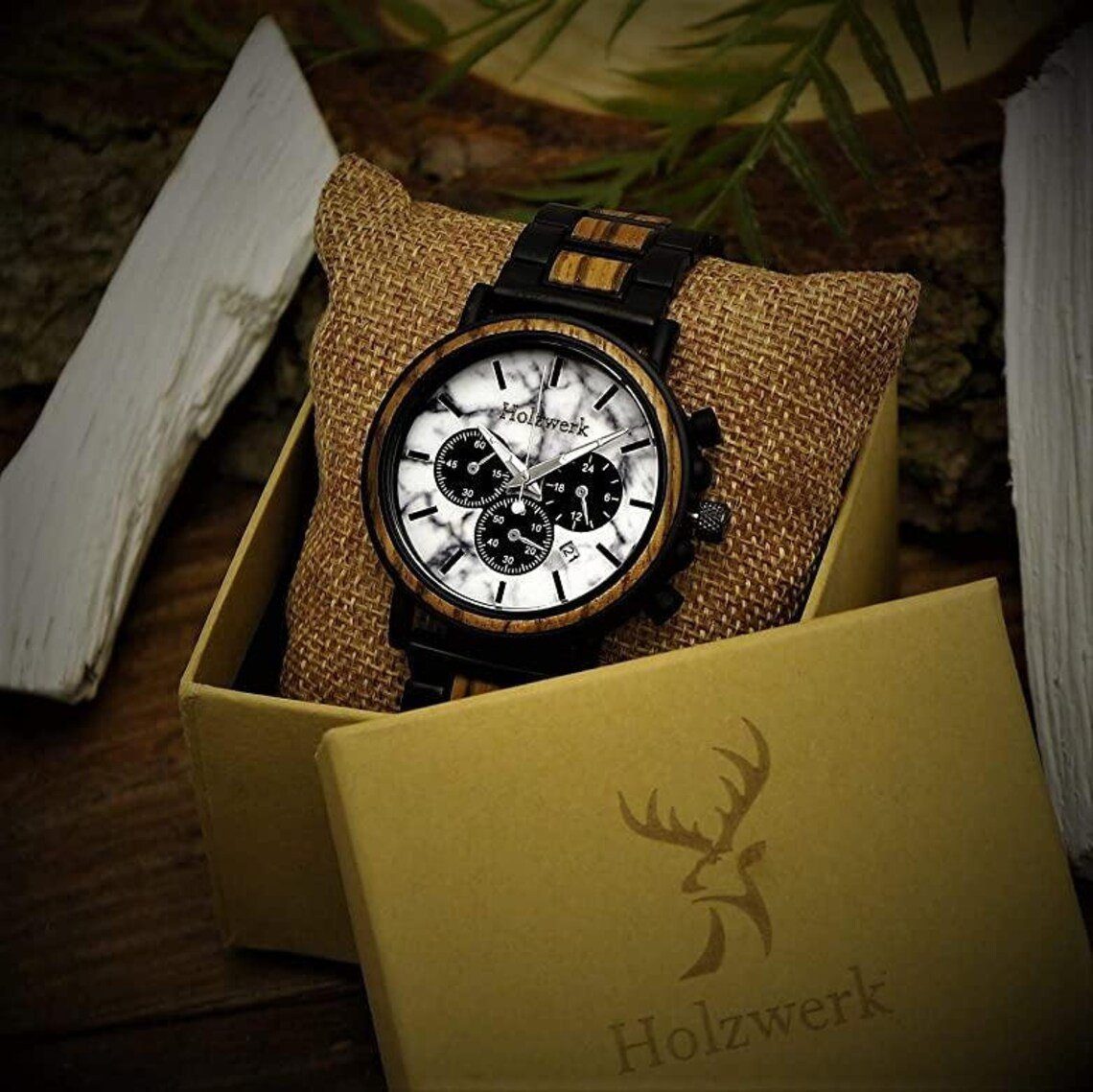 Armband BEILSTEIN Holz & Herren schwarz, Uhr in Edelstahl weiß Holzwerk Chronograph