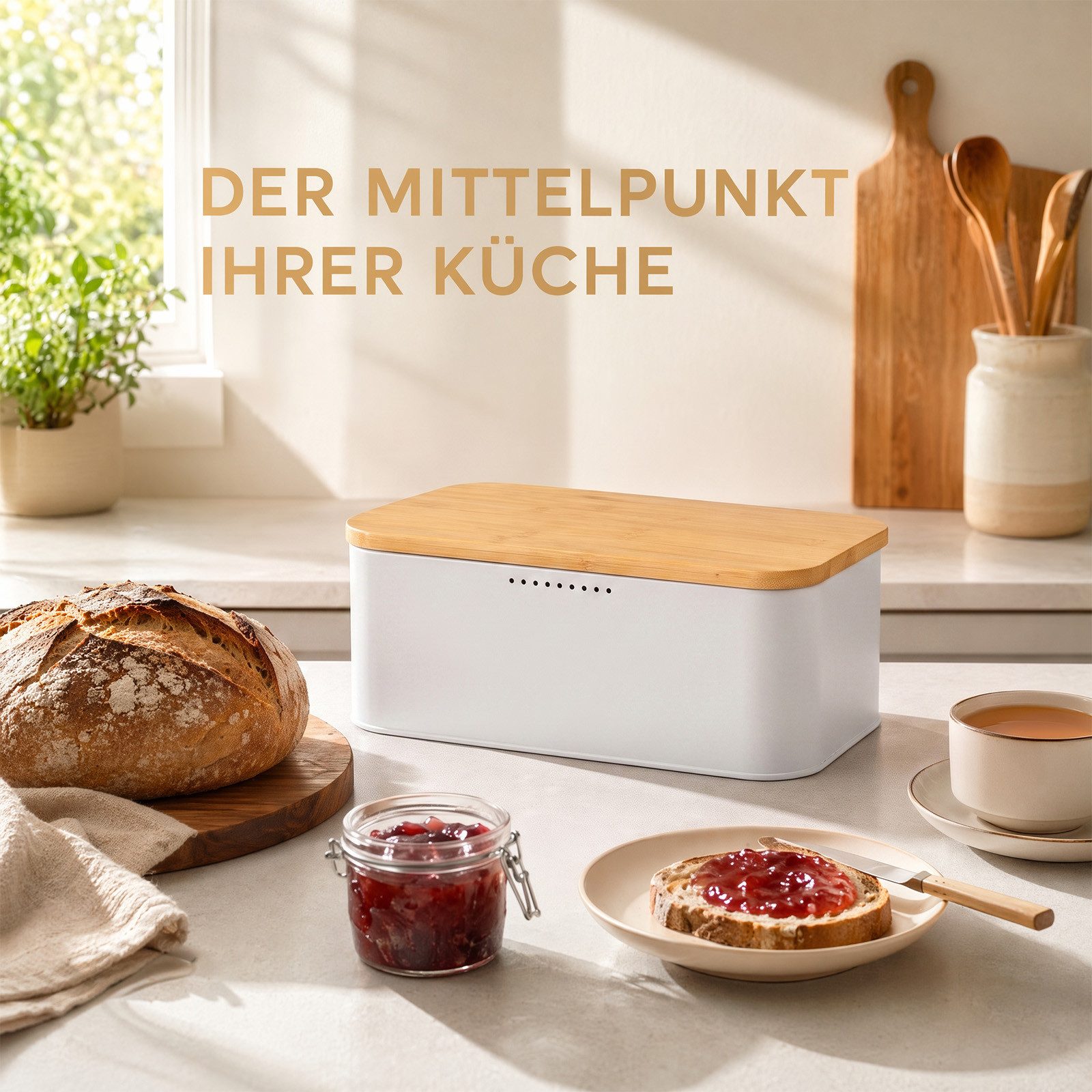 Youyijia Brotkasten Brotkasten mit Bambusdeckel 30x18,5cm Schneidebrett Weiß – Bild 3 von 5