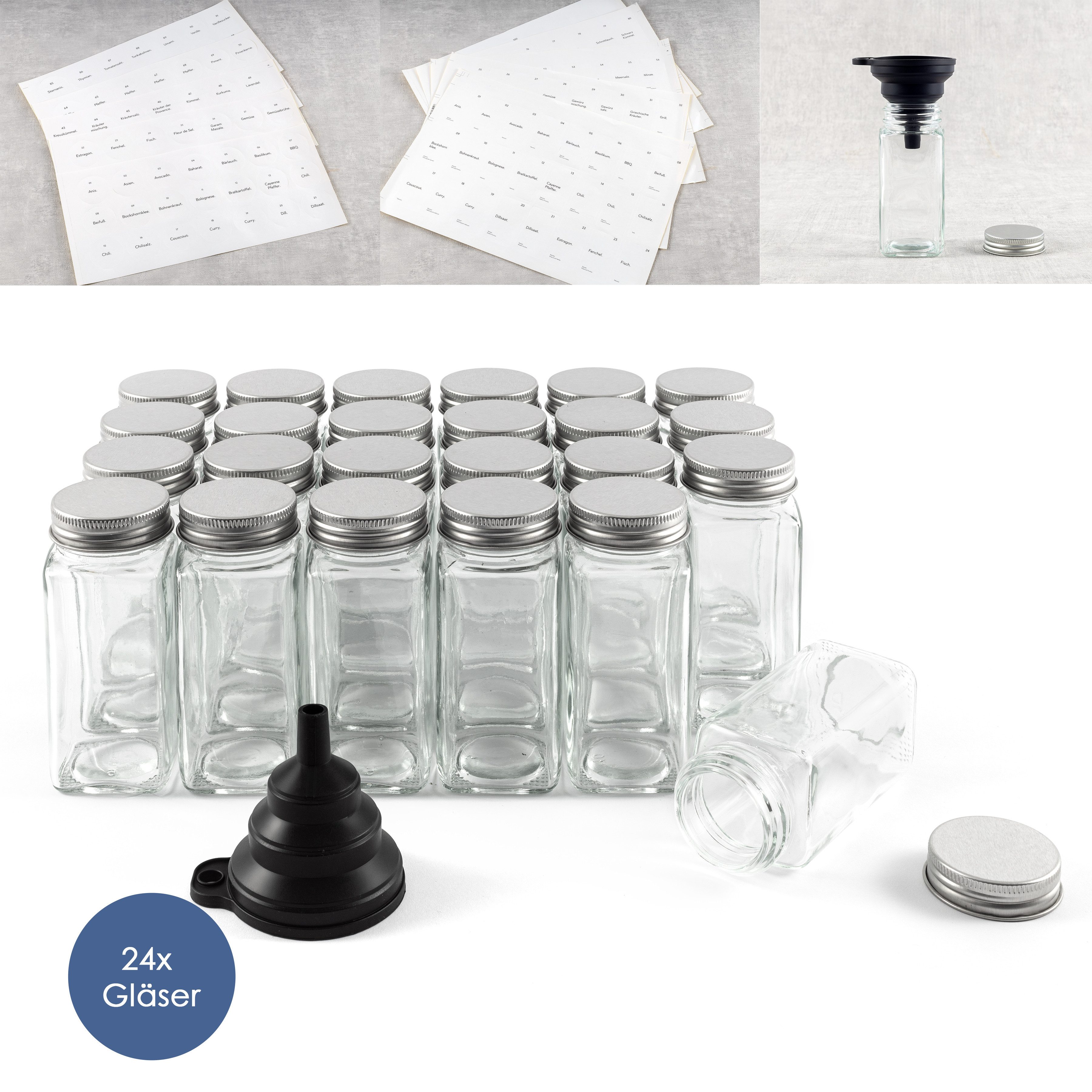 Hanseküche Gewürzbehälter Gewürzgläser Set mit Streueinsatz, Glas, (24 Gewürzgläser, 2-tlg., Set inkl. Zubehör), inkl. Ersatzstreueinsätze, Trichter und Reinigungsbürste