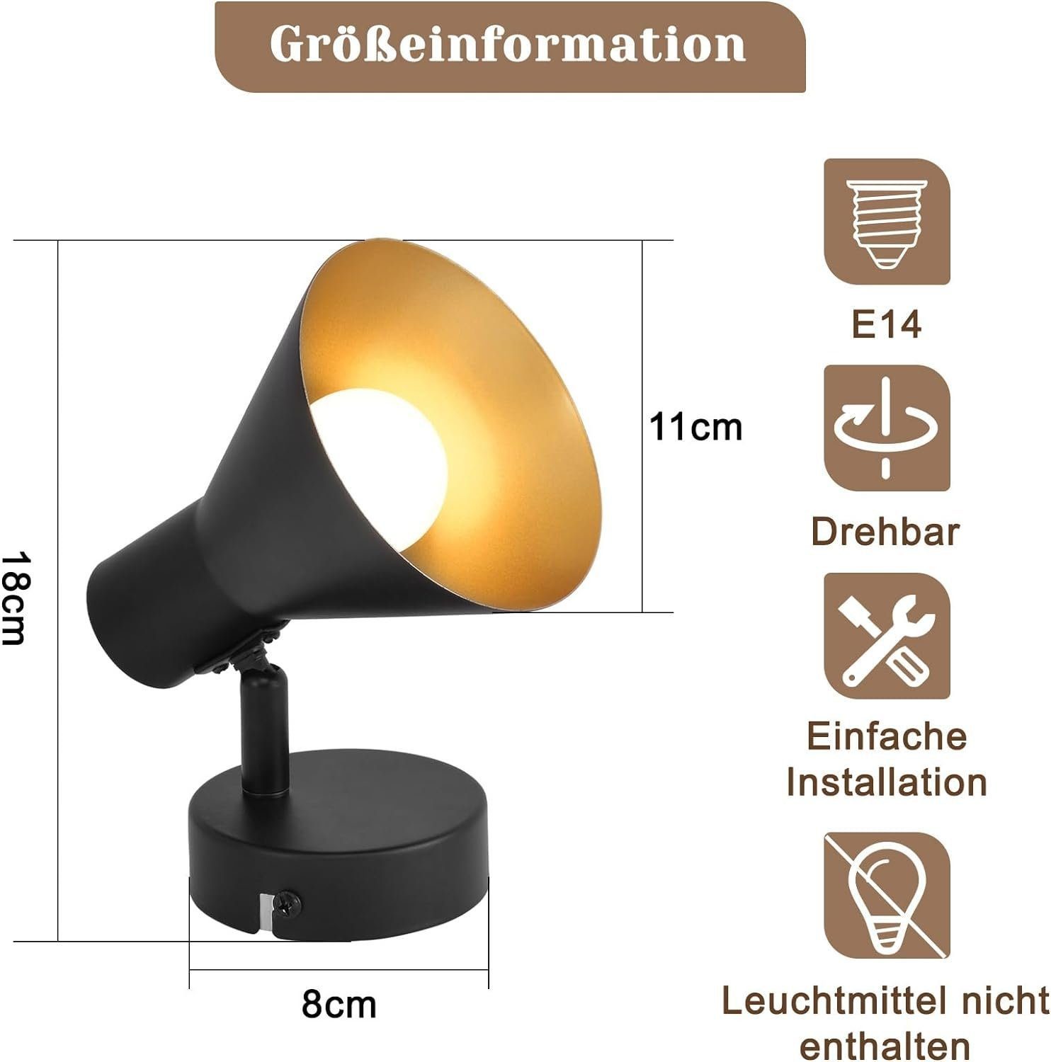Nettlife Wandstrahler Innen Schwarz Vintage E14 Industrial Retro Deckenspot Metall Flurlampe, Schwenkbar 330°, LED wechselbar, für Schlafzimmer Ankleidezimmer