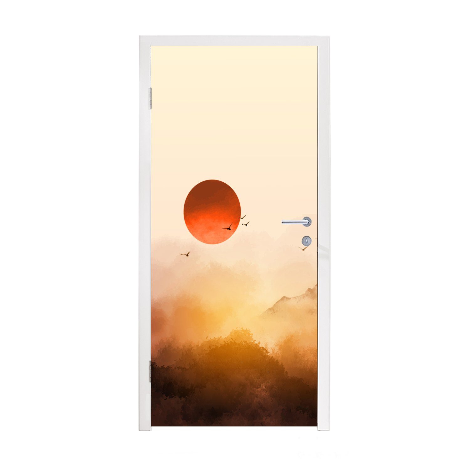 MuchoWow Türtapete Malerei - Sonne - Landschaft - Vögel, Matt, bedruckt, (1 St), Fototapete für Tür, Türaufkleber, 75x205 cm