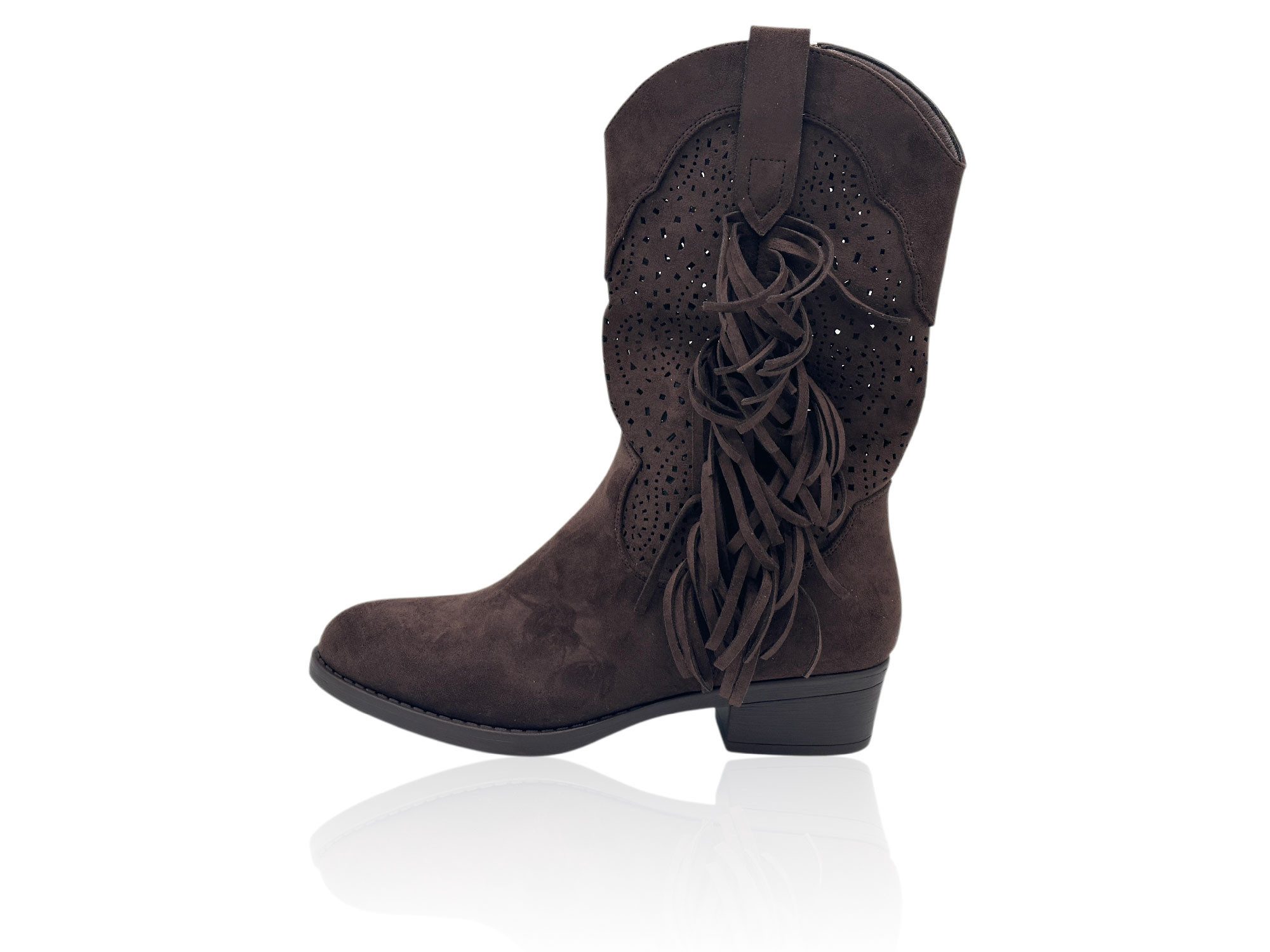 Nowaland Damen Western Stiefelette mit Fransen und Lochmuster Stiefelette Weiche Veloursleder-Optik mit stabilem Blockabsatz
