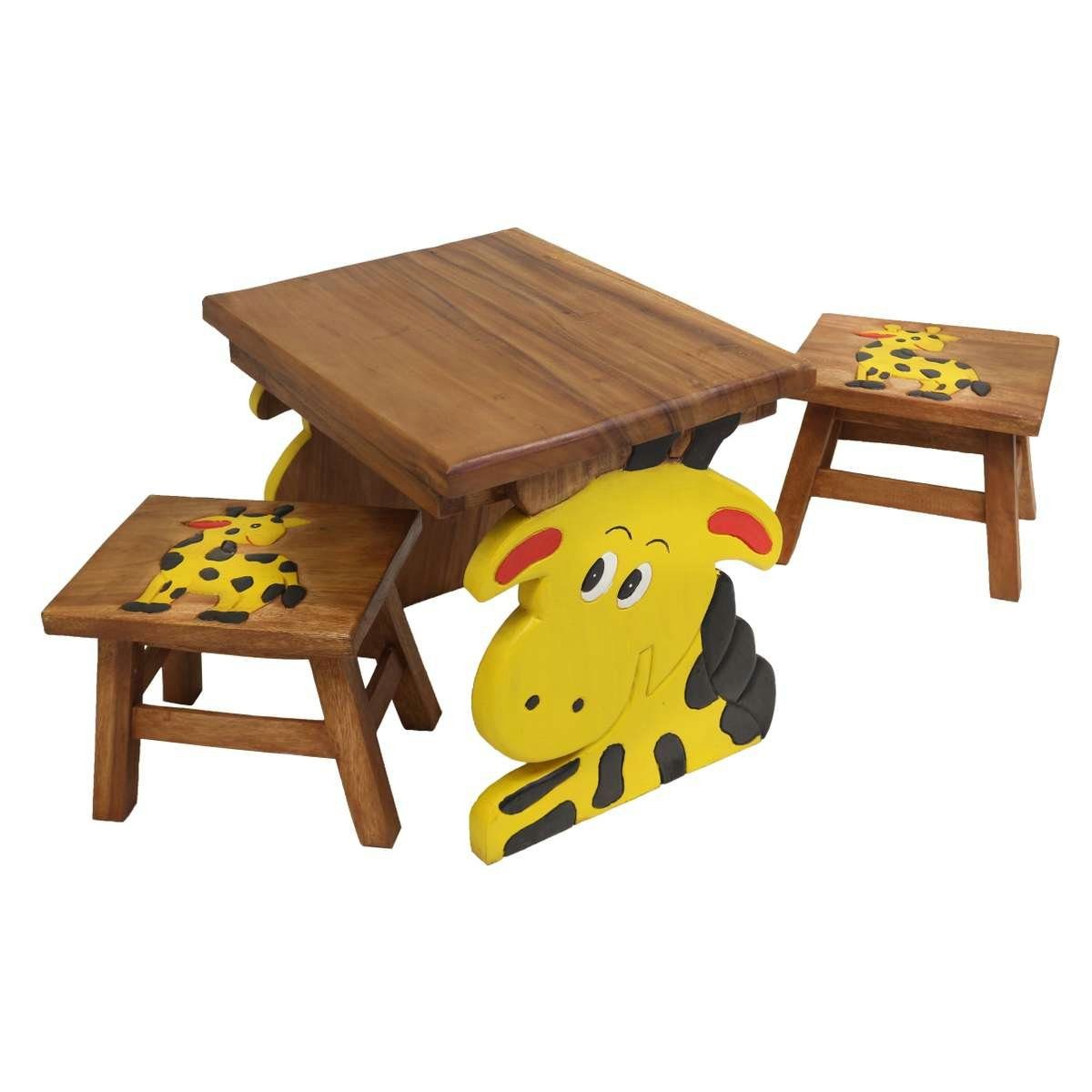 Oriental Galerie Kindersitzgruppe Kindermöbel Set Eckiger Kindertisch mit 2 Hockern Giraffe