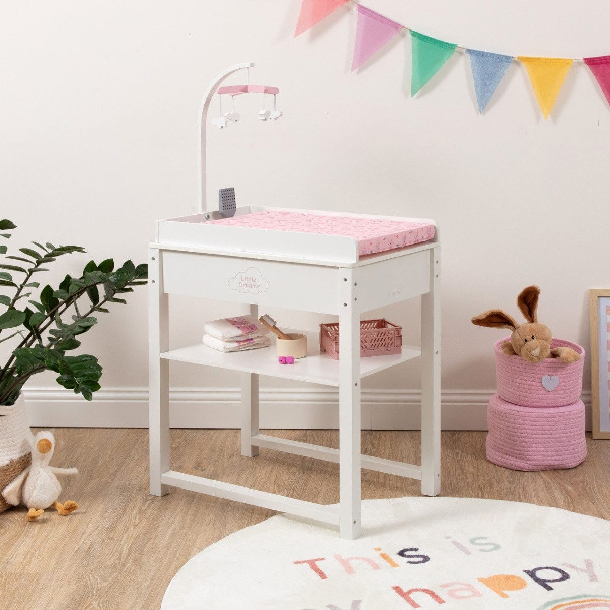 ELLA & PIET® Puppenwickeltisch SPLASHY mit Badewanne und Mobile aus Holz (Weiß-Rosa)