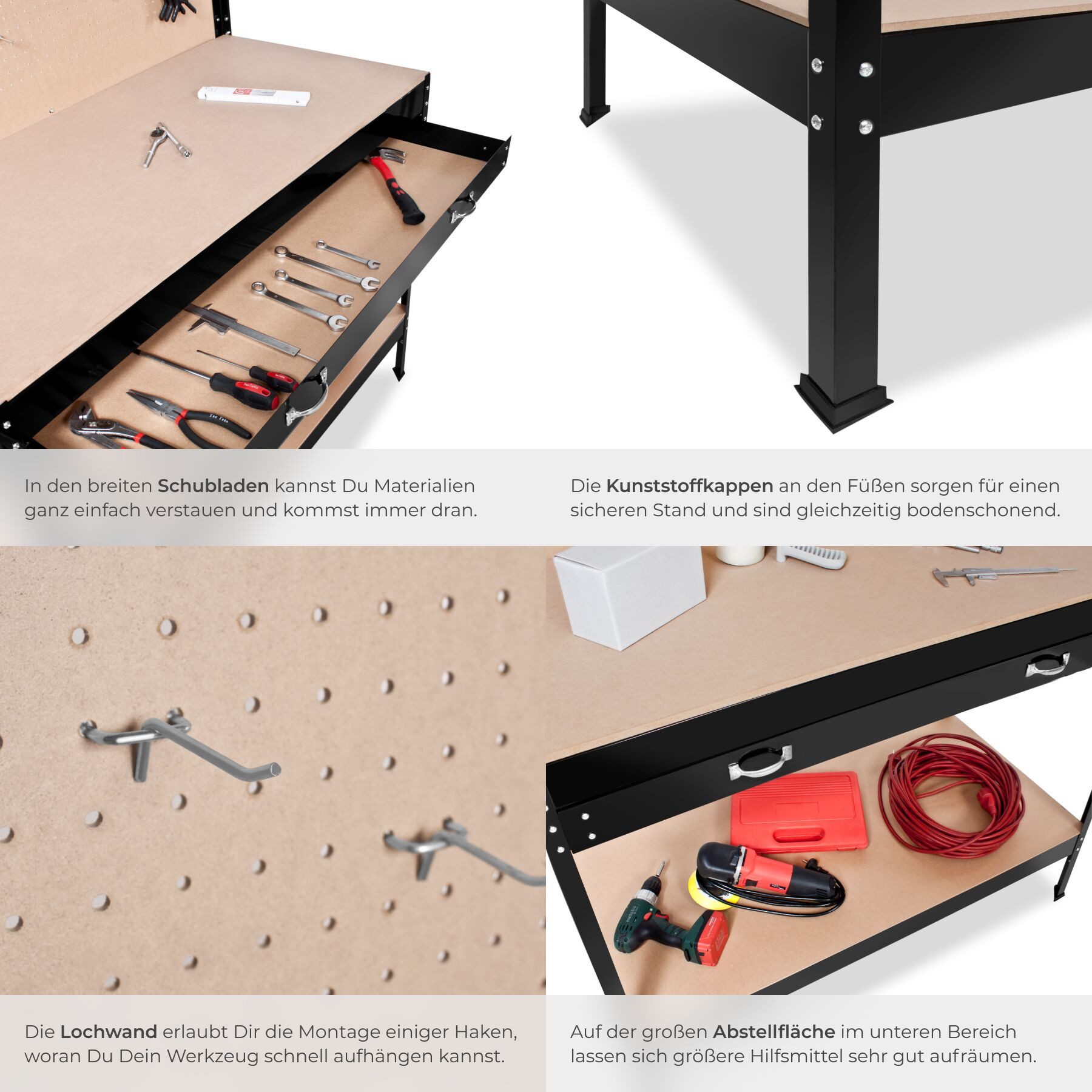 tectake Werkbank Werktisch mit Lochwand, große Schublade, 120 x 60 x 156 cm, (Werkzeugwand), 12 Haken, 2 Ablagen, Kunststoffkappen an den Füßen – Bild 5 von 5
