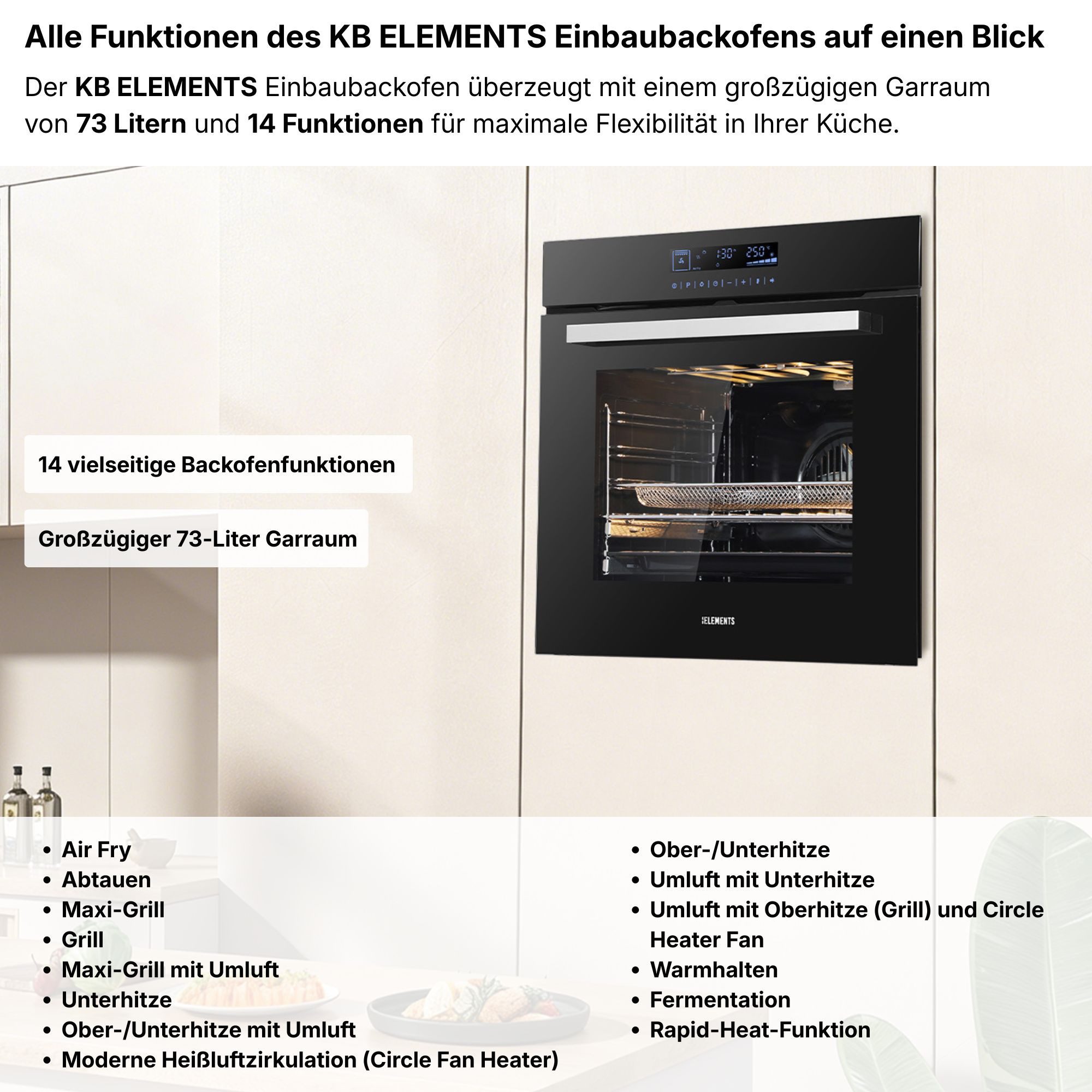 KB Elements Induktions Herd-Set Einbaubackofen 60 cm mit 4-Zonen Glaskeramik Kochfeld 60 cm, mit 2-fach-Teleskopauszug, AQUA CLEAN, Einbaubackofen Full Touch mit 15 Funktionen, Air Fry Funktion