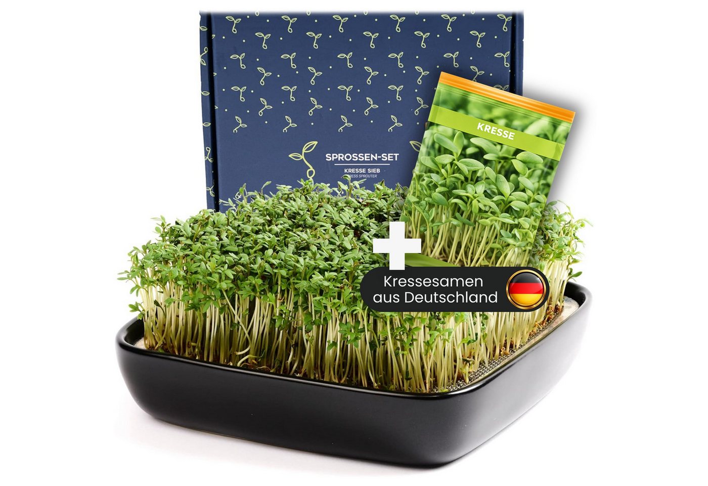 Otaro Pflanzschale Kressesieb Set mit Kressesamen, Edelstahl - Schwarz